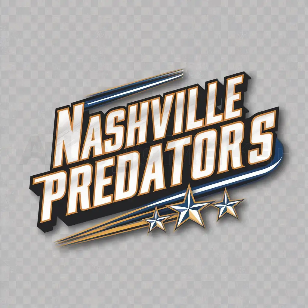 a logo design,with the text "Nashville Predators", main symbol:The 3d Realistic wordmark 'Nashville predators' in a bold Predators font and in white, blue and yellow text with three yellow, blue and white stars shooting out of the wordmark.,Moderate,clear background