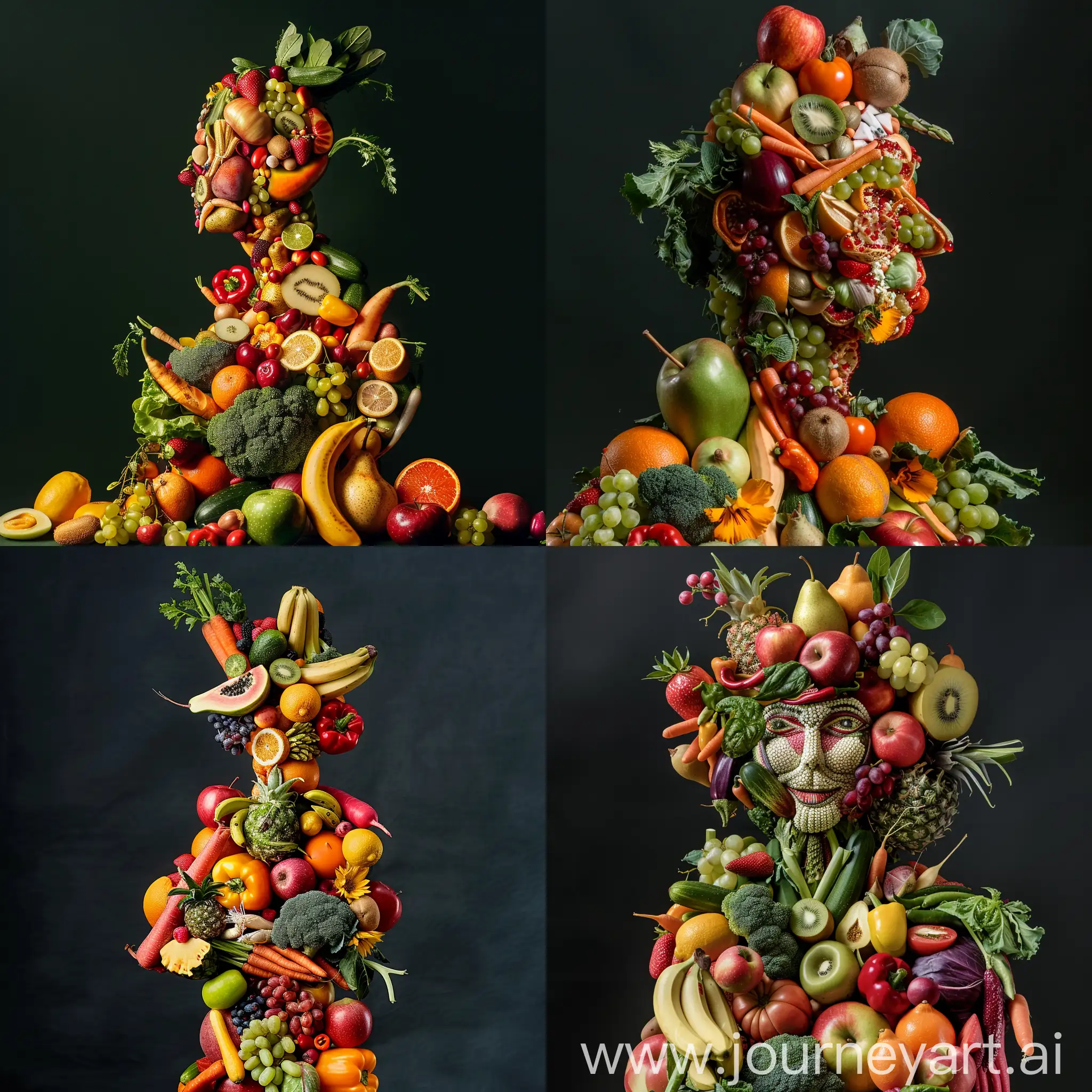 image of a person consisting entirely of fruits and vegetables, using a camera setup that mimics a large aperture, f/1.4