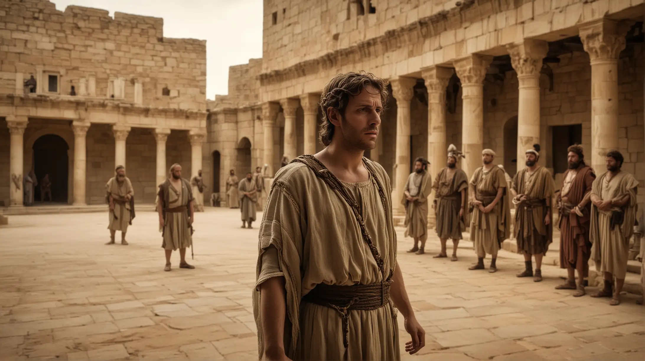 King David in his Desert Palace, looking sad, with a few other men in the background. Set during the Biblical era of King David.