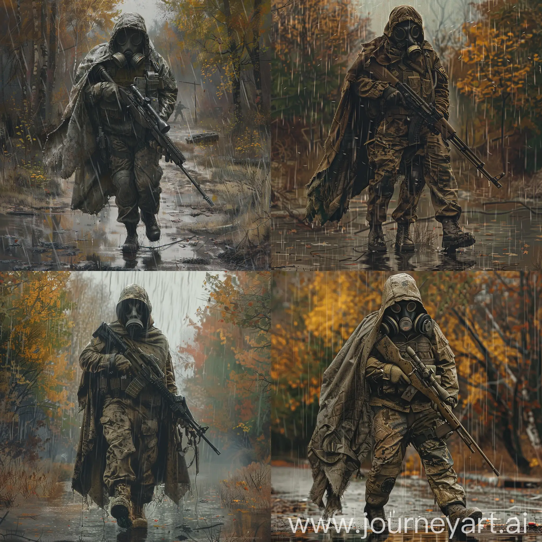 Stalker art, Stalker walks in random location in Chernobyl, a dirty military jumpsuit on the stalker, a dirty cloth cape from the rain on top of the jumpsuit, a gasmask on his face, a sniper rifle in his hands, gloomy autumn.