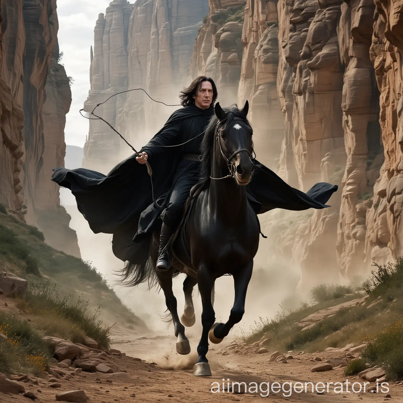 Severus Snape, with features exactly like those in the Harry Potter film, dressed in a black robe, sits and acts like a black horse galloping through a canyon. He holds a lasso in his hands. He gallops and chases another wild horse.