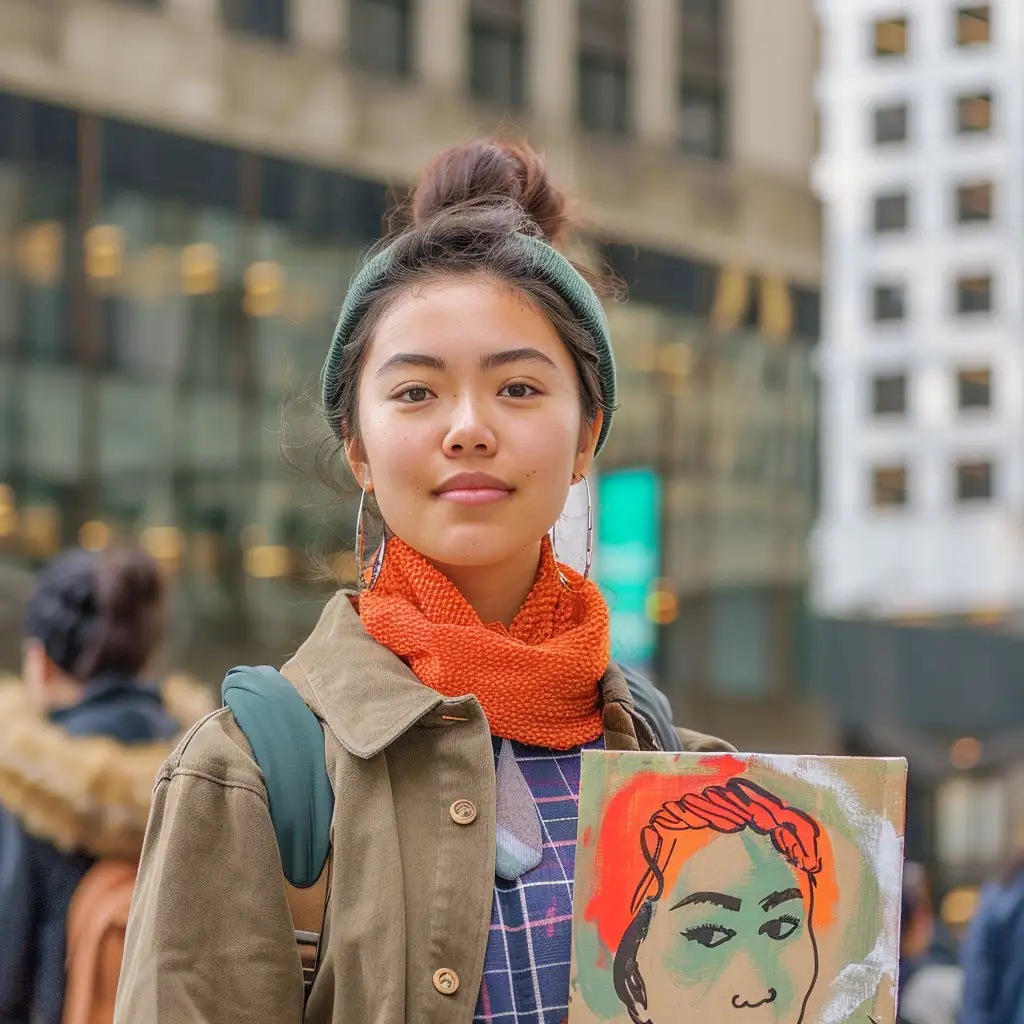 In the foreground, a young woman (millennial) stands confidently, holding a hand-painted sign. 
She wears casual, yet stylish clothes
 Her sign displays a social justice message on racial equality, 
 her in the background is a large corporation's building logo representing racial comments