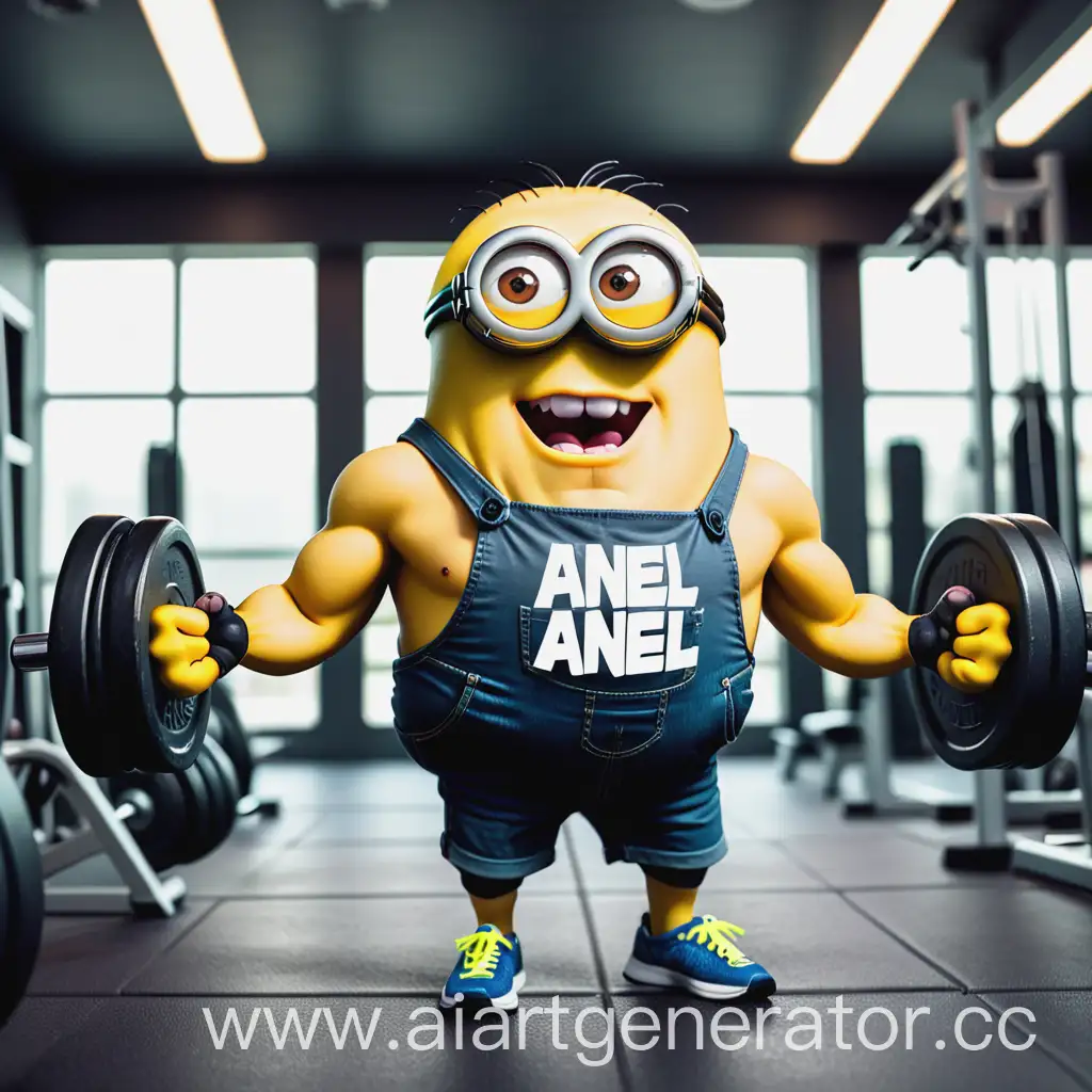 A yellow minion pumped up with muscles in the gym, he is wearing a T-shirt with the inscription Anel