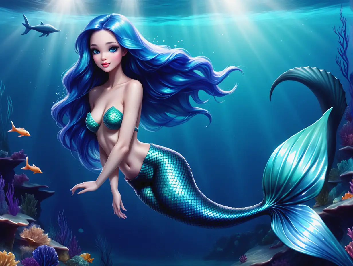 Mermaid adult/ with beautiful shiny fish tail ,Blue skin,  swimming in water with dauphin.