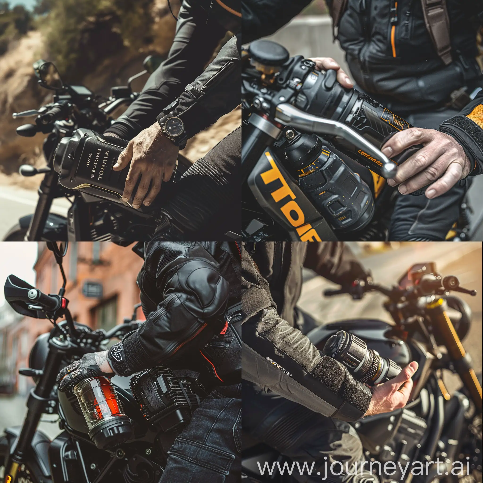 Motorcycle-Rider-Displaying-Energy-Canister-CloseUp