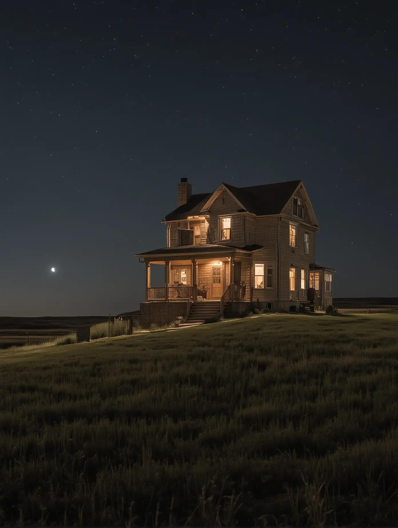 a two story home on a prairie at night from a distance
