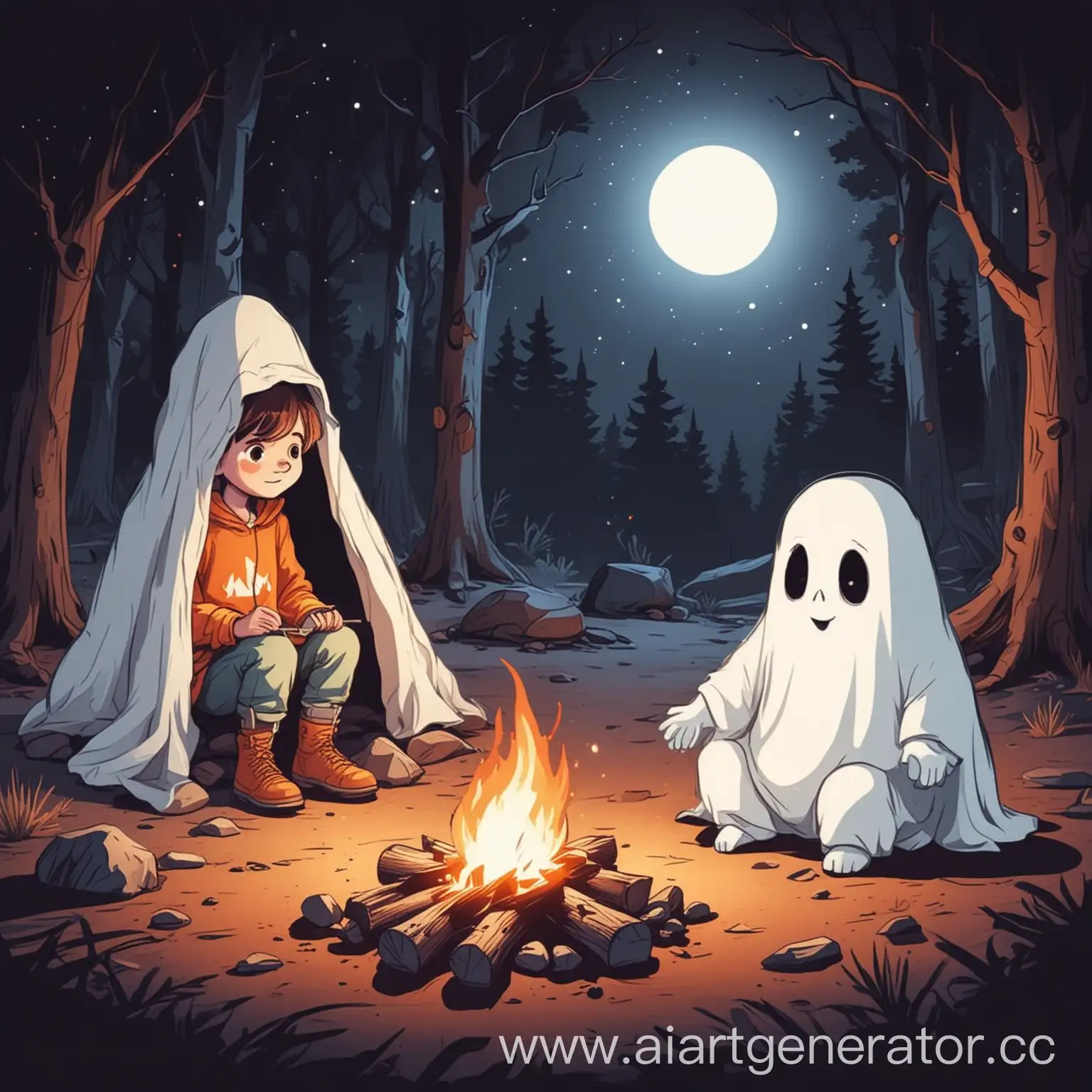 Child-Sitting-by-Campfire-with-Ghost-in-Cartoon-Style