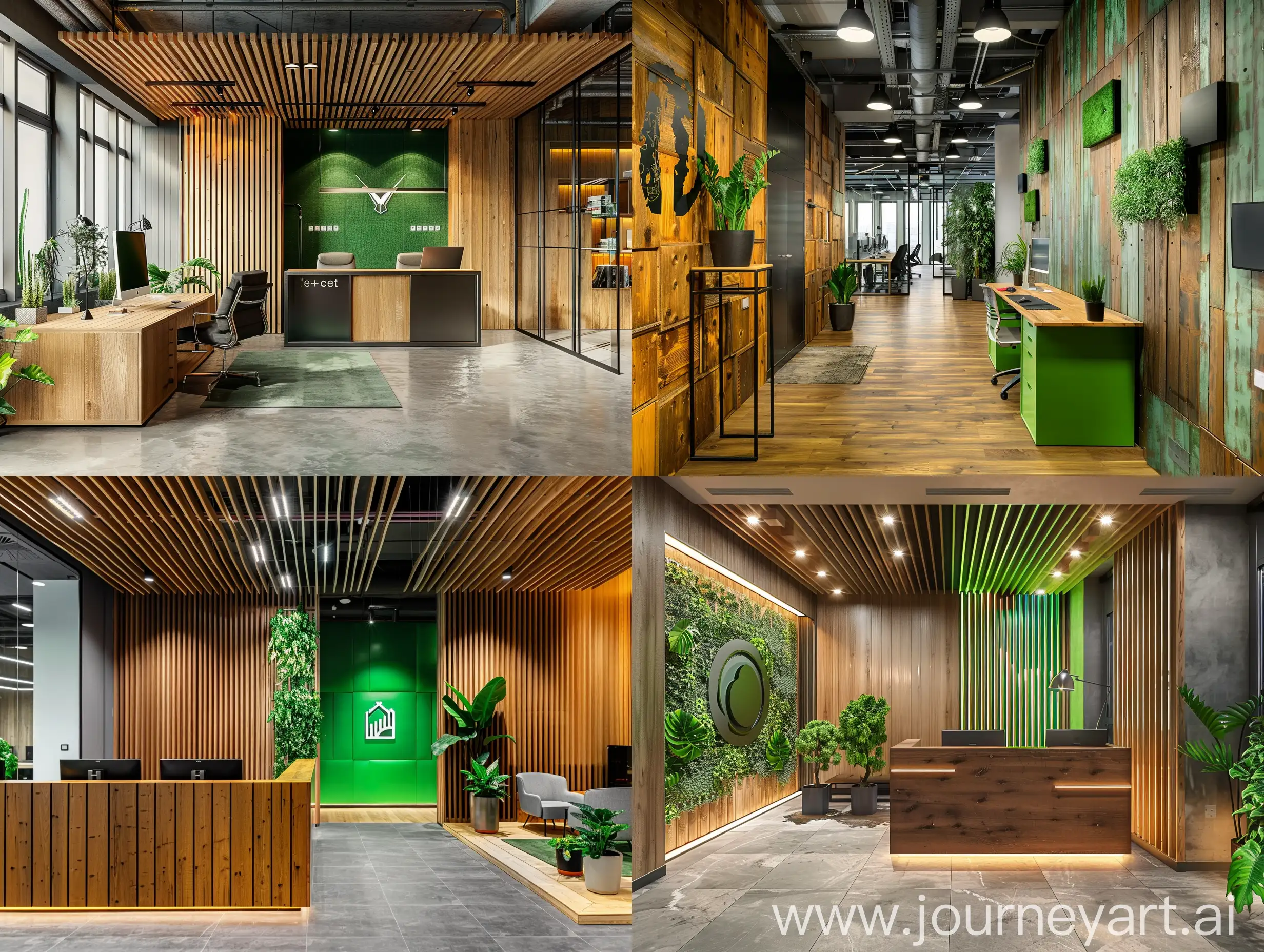 офис в оттенках дерева и металла со стеной, на которой расположен логотип компании в зеленом цвете