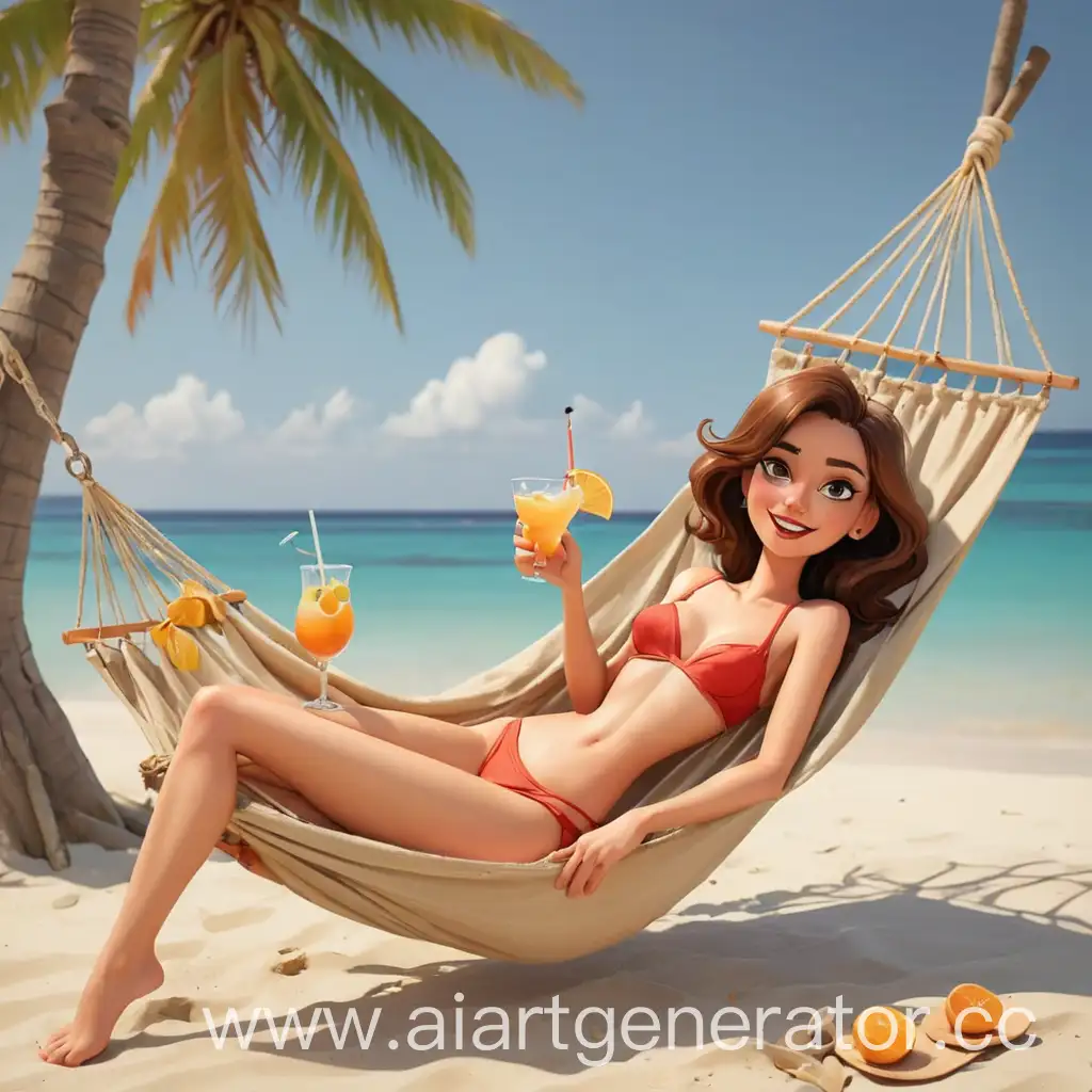 мультяшная женщина лежит на пляжу в гамаке с коктейлем