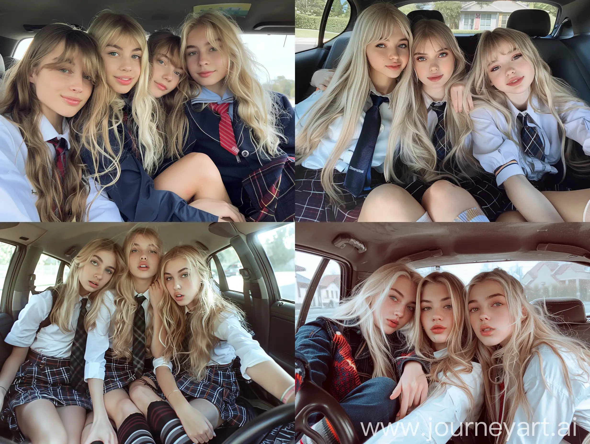 3 girls, long blond hair , 22 years old, inside car, influencer, beauty ,, school uniform, makeup,, sitting on car , socks and boots, no effect, selfie , iphone selfie, no filters , iphone photo natural