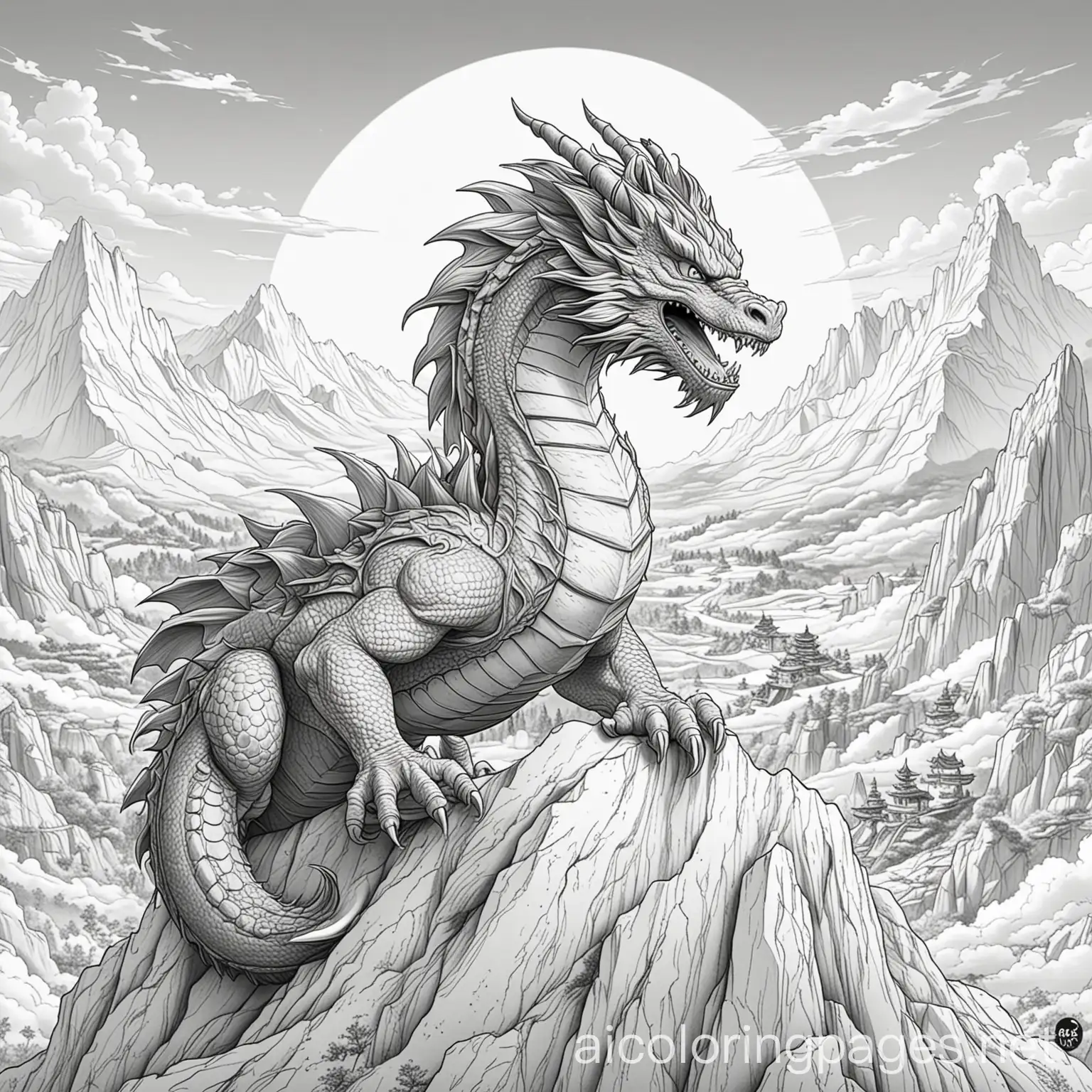 A DRAGON ON A MOUNTAIN WITH GOKU, Coloring Page, black and white, line art, white background, Simplicity, Ample White Space. The background of the coloring page is plain white to make it easy for young children to color within the lines. The outlines of all the subjects are easy to distinguish, making it simple for kids to color without too much difficulty