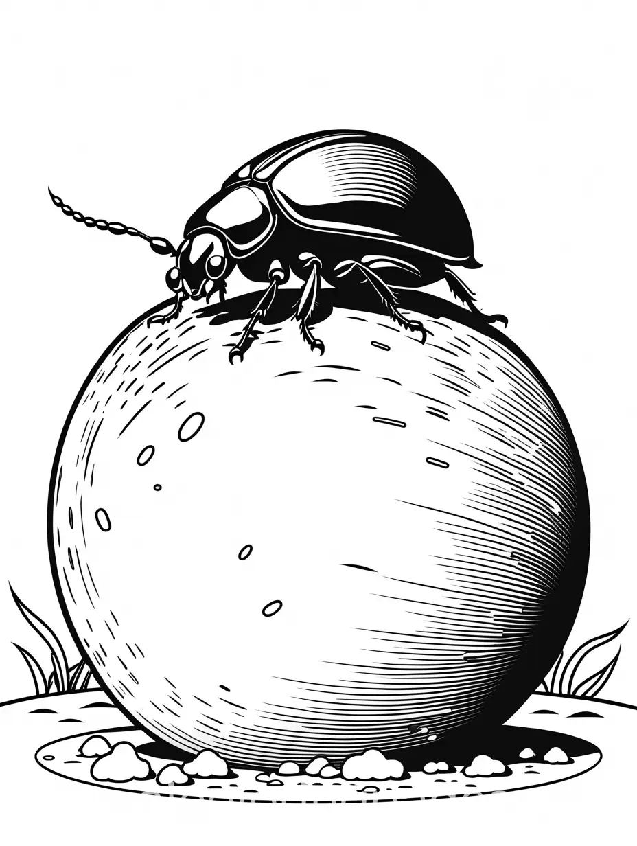 A dung beetle pushing a perfectly round ball of dung., Coloring Page, black and white, line art, white background, Simplicity, Ample White Space