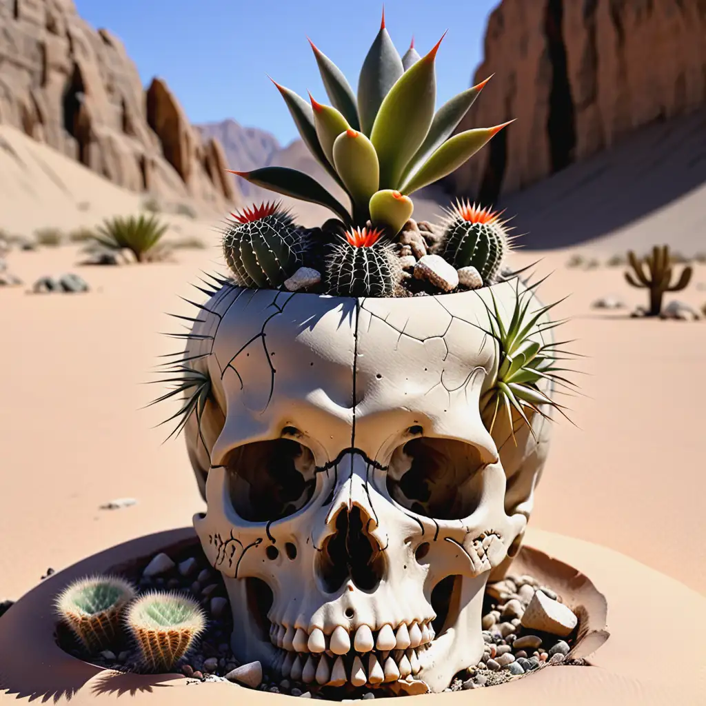 A cactus Haworthia attenuata qui pousse dans un crane dans le désert