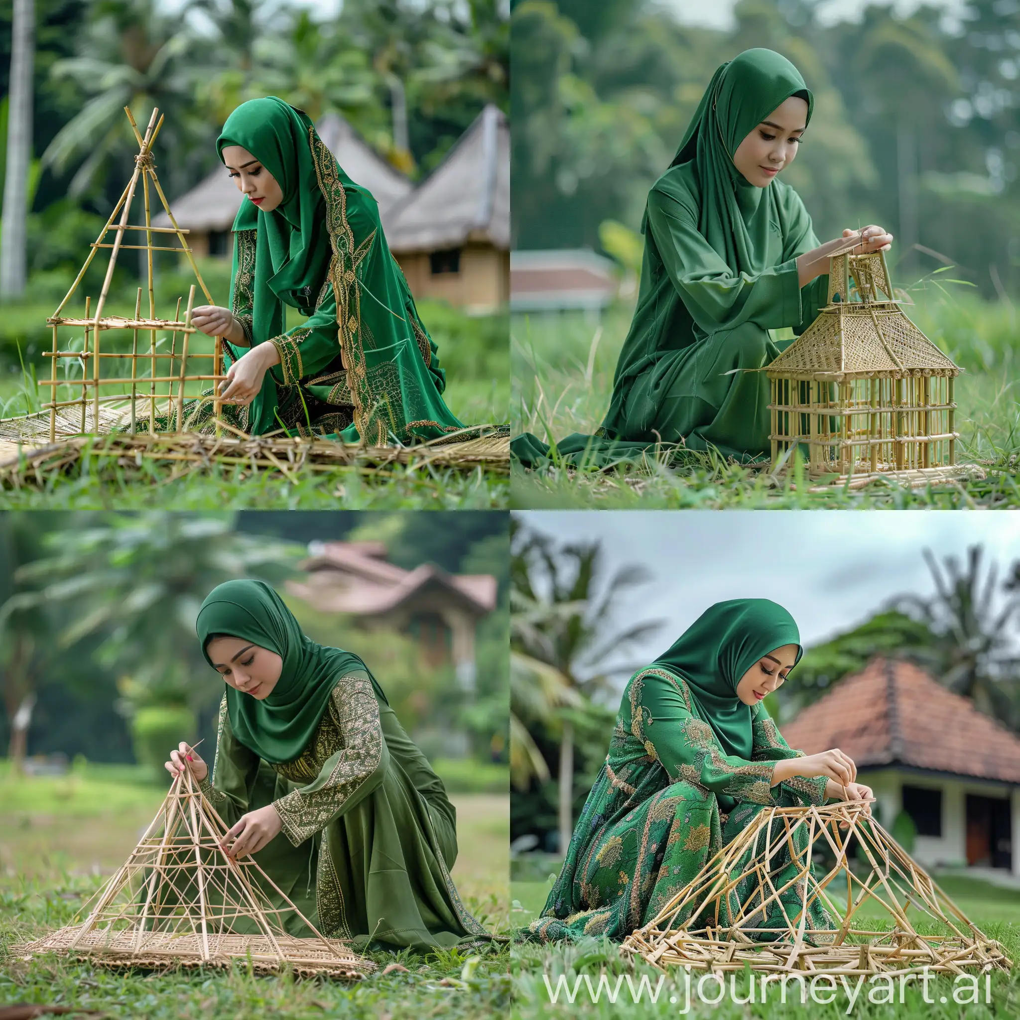 seorang wanita hijab cantik memakai baju desa panjang hijau tua, dan celana panjang. wanita itu sedang membuat miniatur rumah bambu besar seperti rumah asli besarnya diatas rumput hijau.wide angle. ada pemandangan indah.