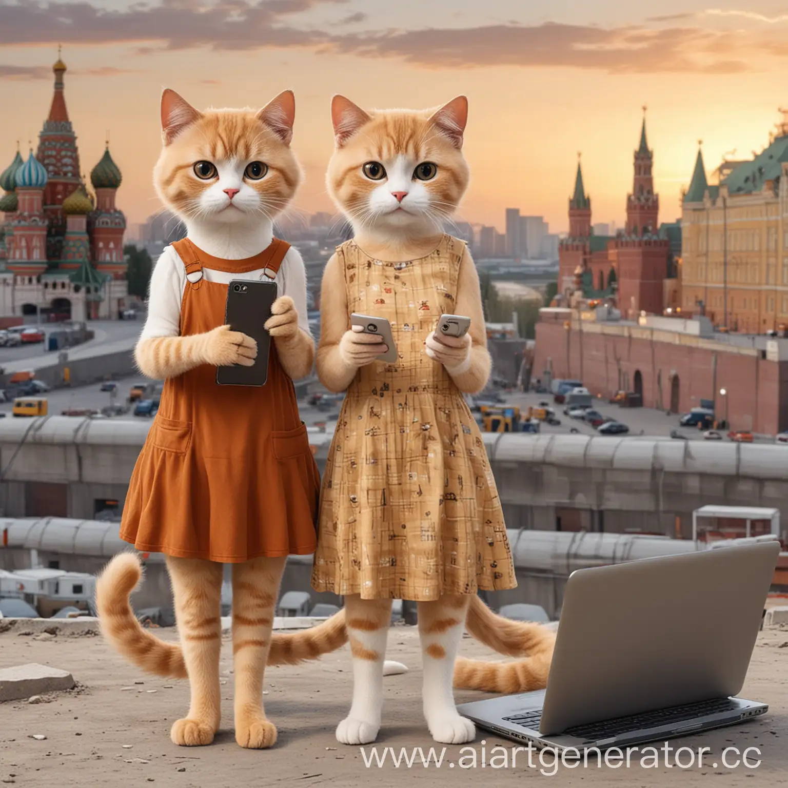 Картинка двух мультяшных котиков , один котик большой и высокий женского рода с короткой стрижкой и коричневыми волосами в платье и телефоном, второй котик маленький с длинными и светлыми волосами и ноутбуком на фоне города Москва и стройка
