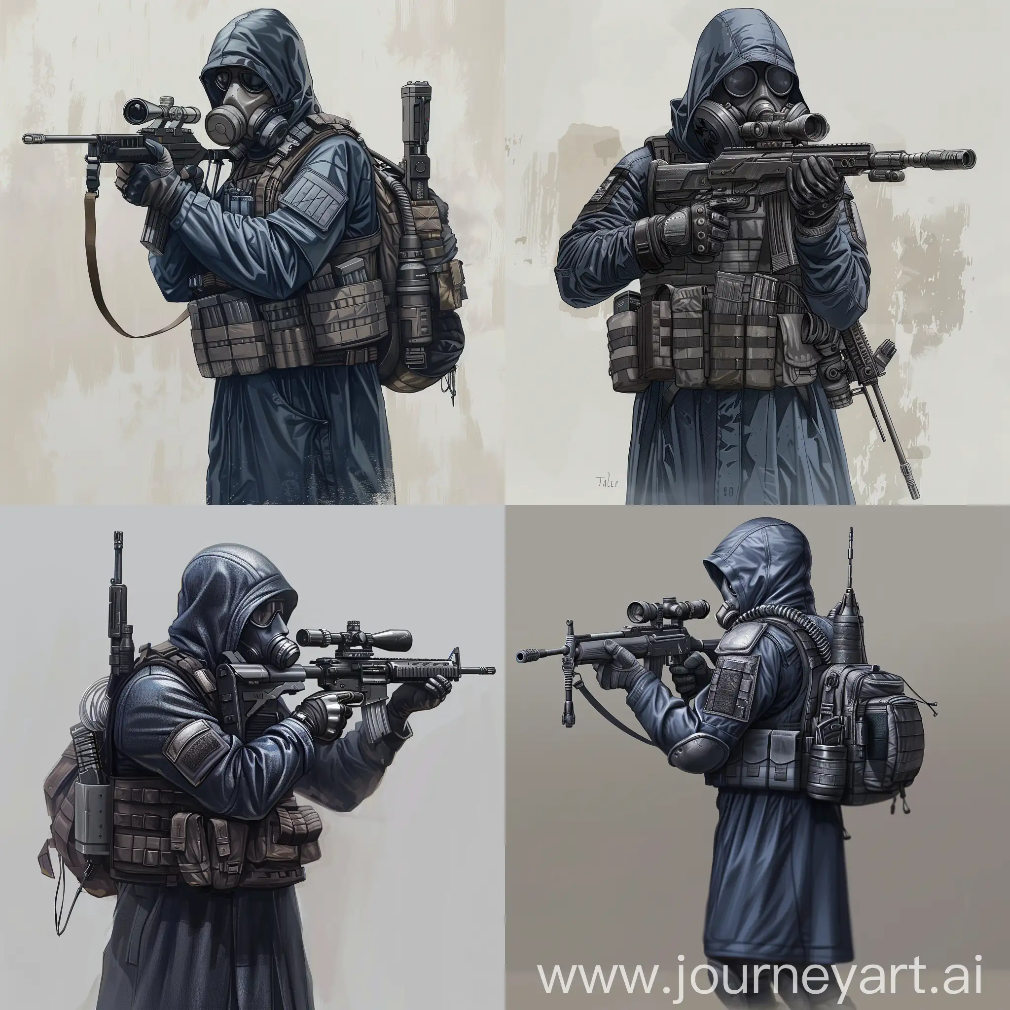 Concept art a mercenary from the universe of S.T.A.L.K.E.R., a mercenary dressed in a dark blue military raincoat, gray military armor on his body, a gas mask on his face, a small military backpack on his back, sniper rifle in his hands.