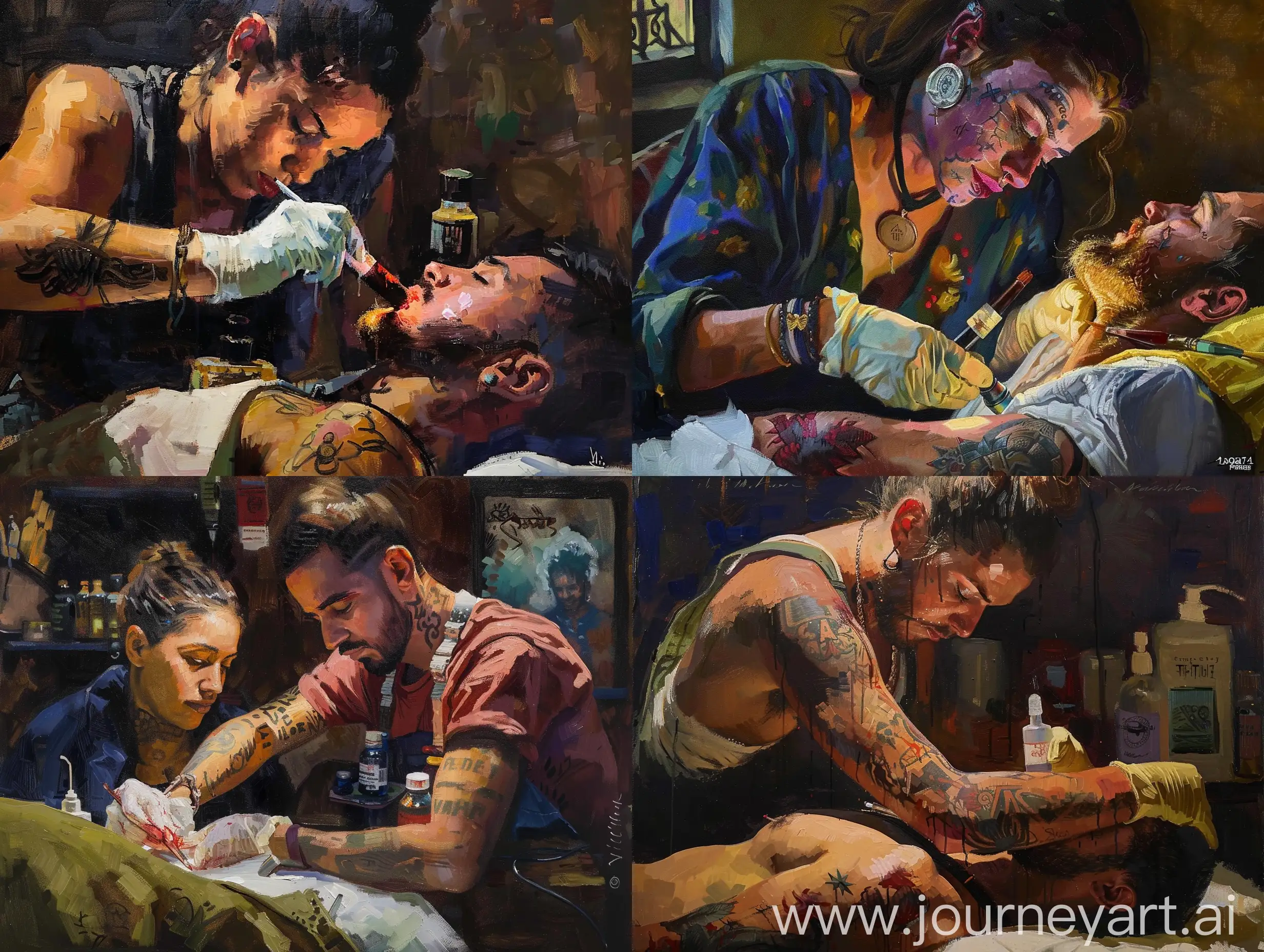 Professional-Female-Tattoo-Artist-Creating-Artwork-on-Client-Genre-Oil-Painting
