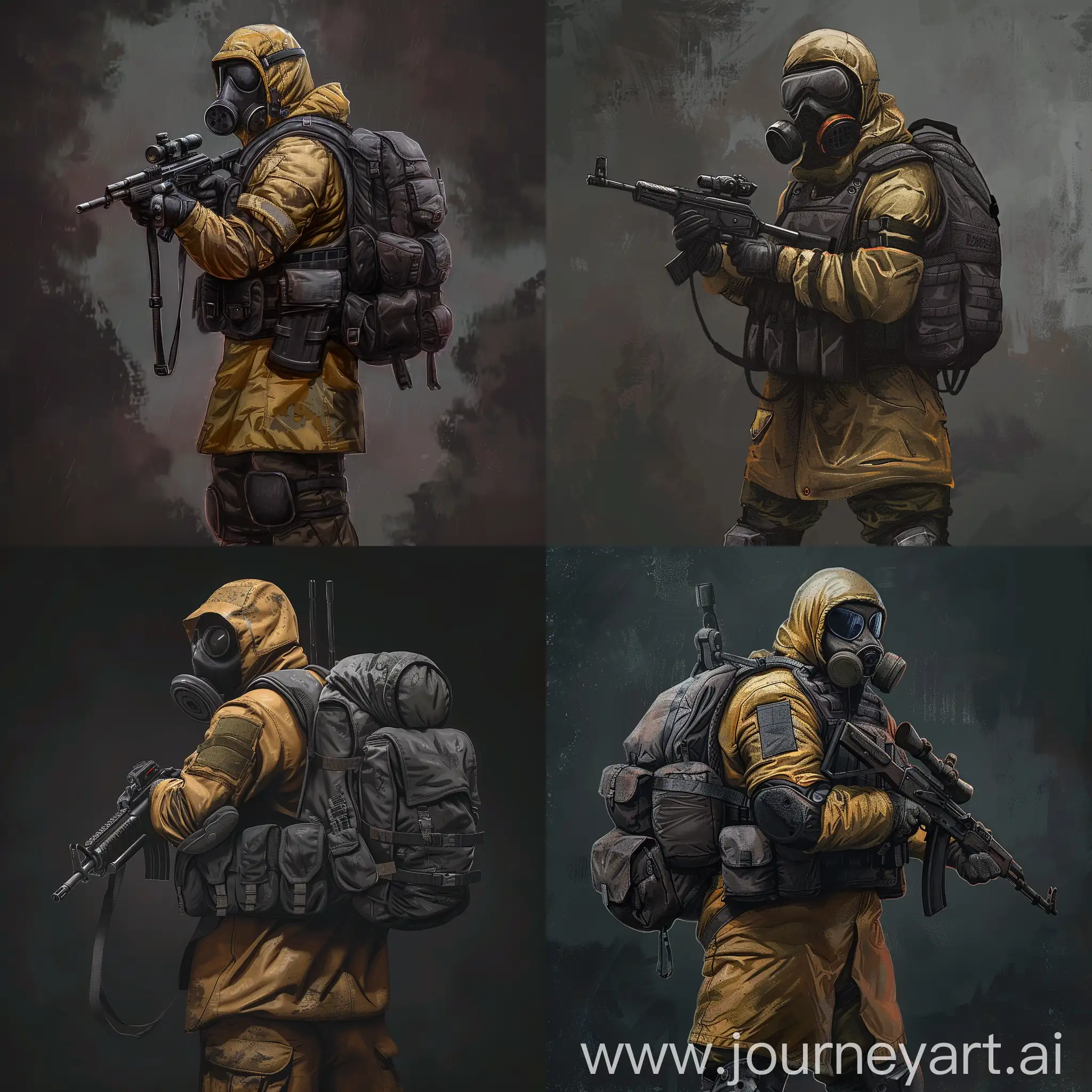 Digital design art mercenary from the universe of S.T.A.L.K.E.R., dressed in a dark orange military raincoat, gray military armor on his body, a gasmask on his face, a military backpack on his back, a rifle in his hands.
