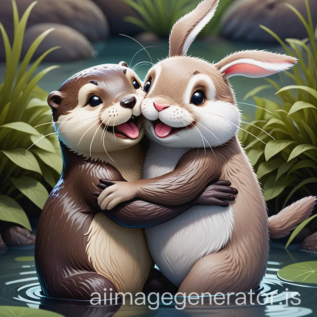 An Otter and a Rabbit hugging each other with a cute and smiley face 