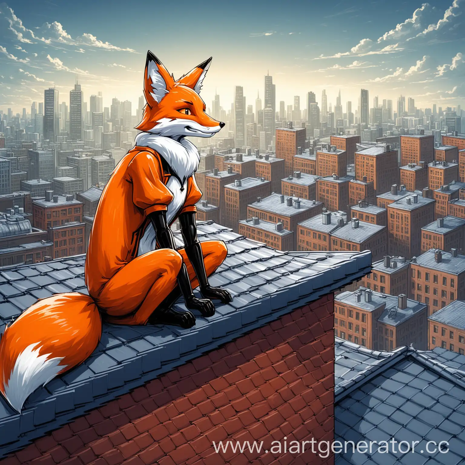 антропоморфный лис сидит на крыше в большом городе