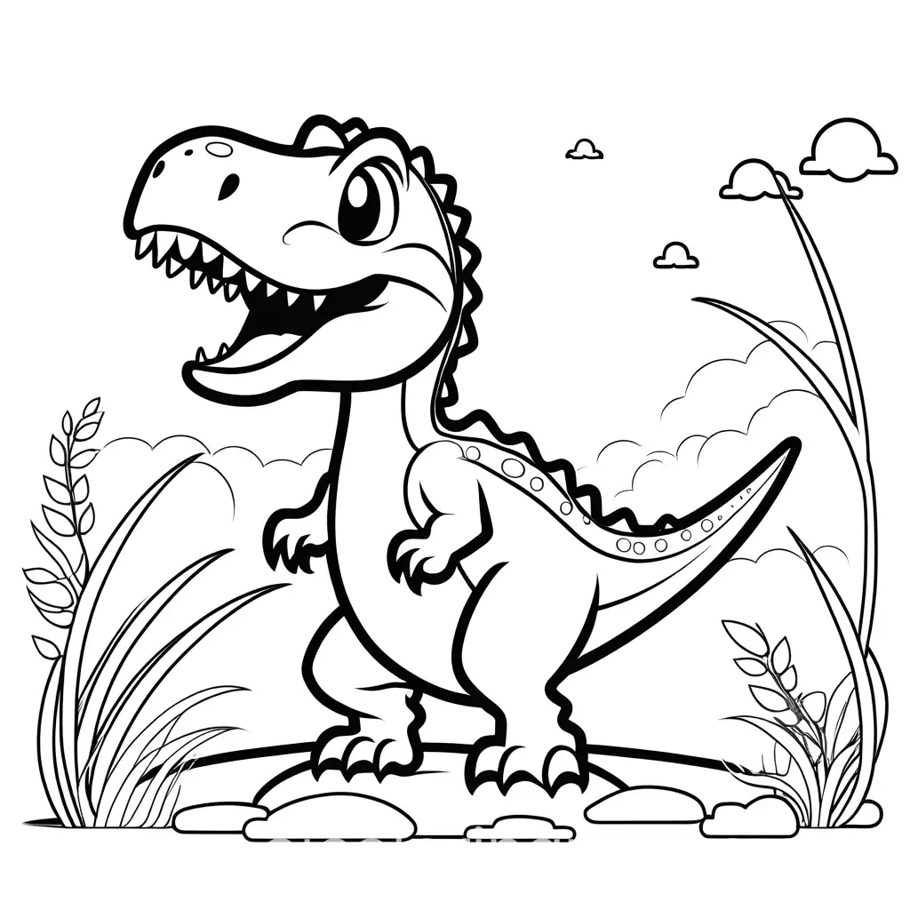 cute chibi style Allosaurus having fun during summer time, simplistic, Coloring Page, black and white, line art, white background, Simplicity, Ample White Space. The background of the coloring page is plain white to make it easy for young children to color within the lines. The outlines of all the subjects are easy to distinguish, making it simple for kids to color without too much difficulty