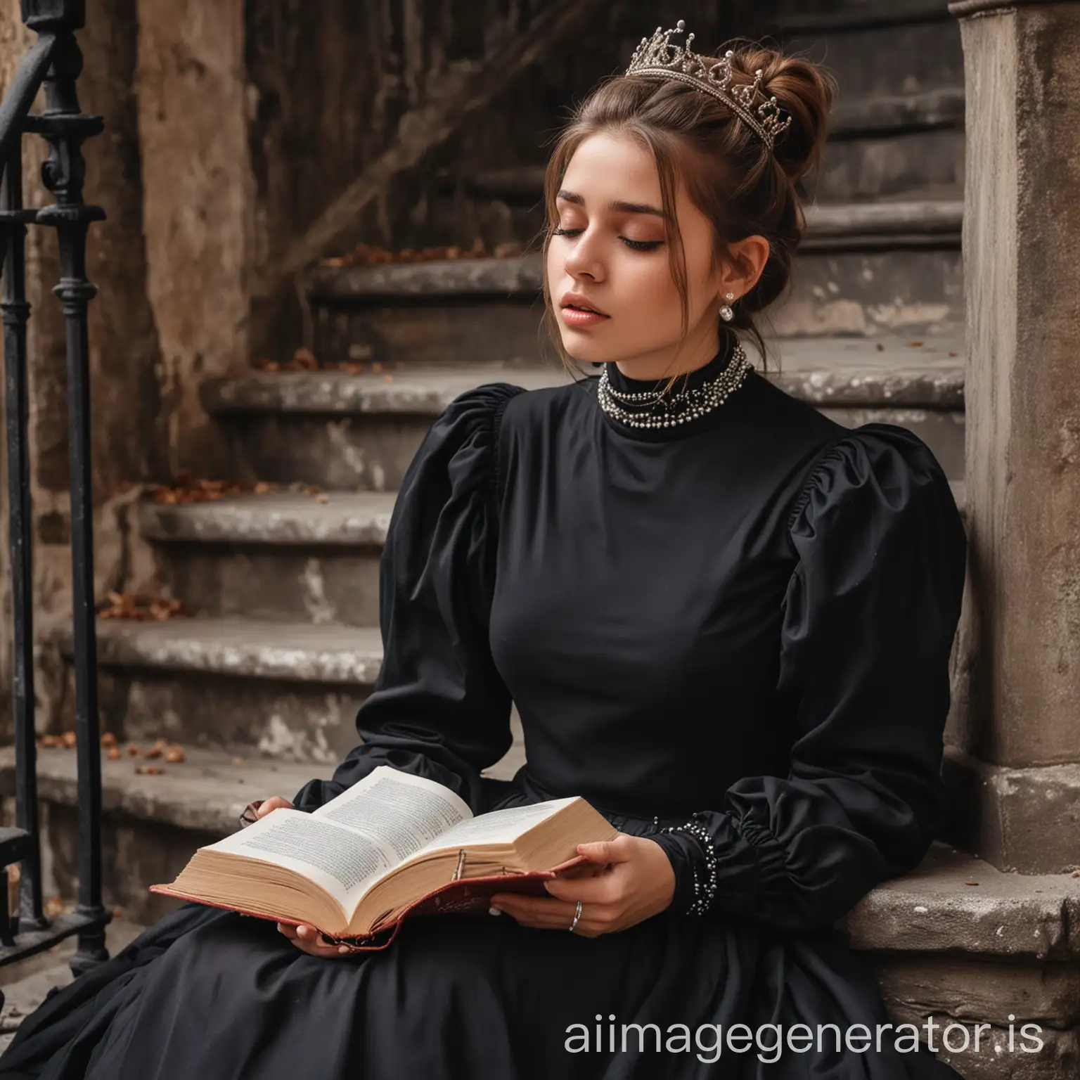 A fair girl with brown high messy hair bun wearing black color turtleneck, full loose sleeves gown, pearl necklace, earrings, crown and bracelet. Sitting alone in castle stairs and reading book. Eyes are closed and head down. Sad face.