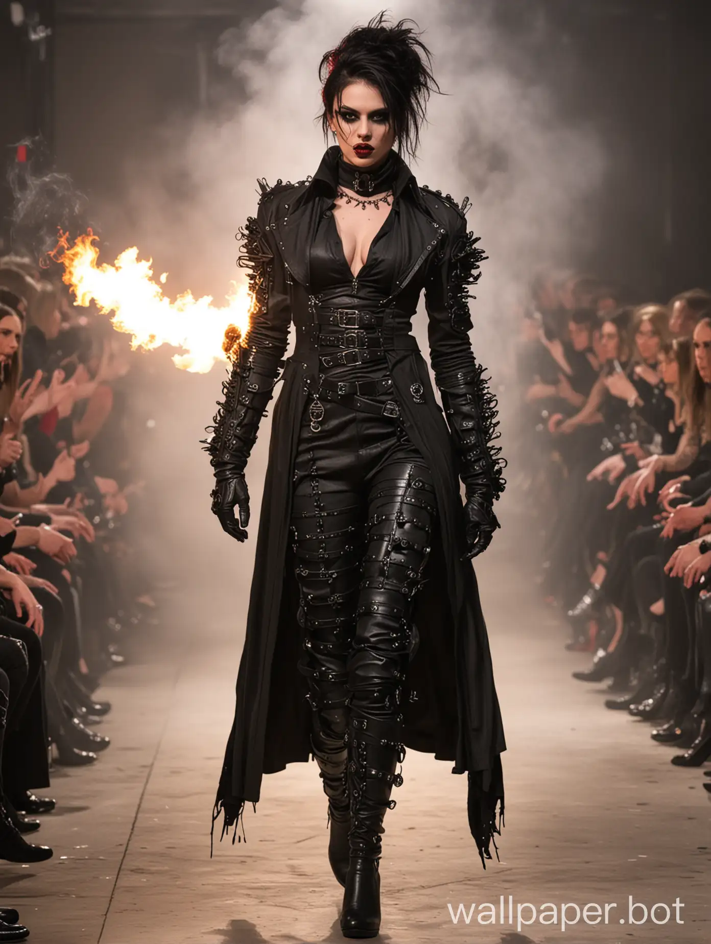 Sassy Attila stunning art Goth fashion show, flamethrower
