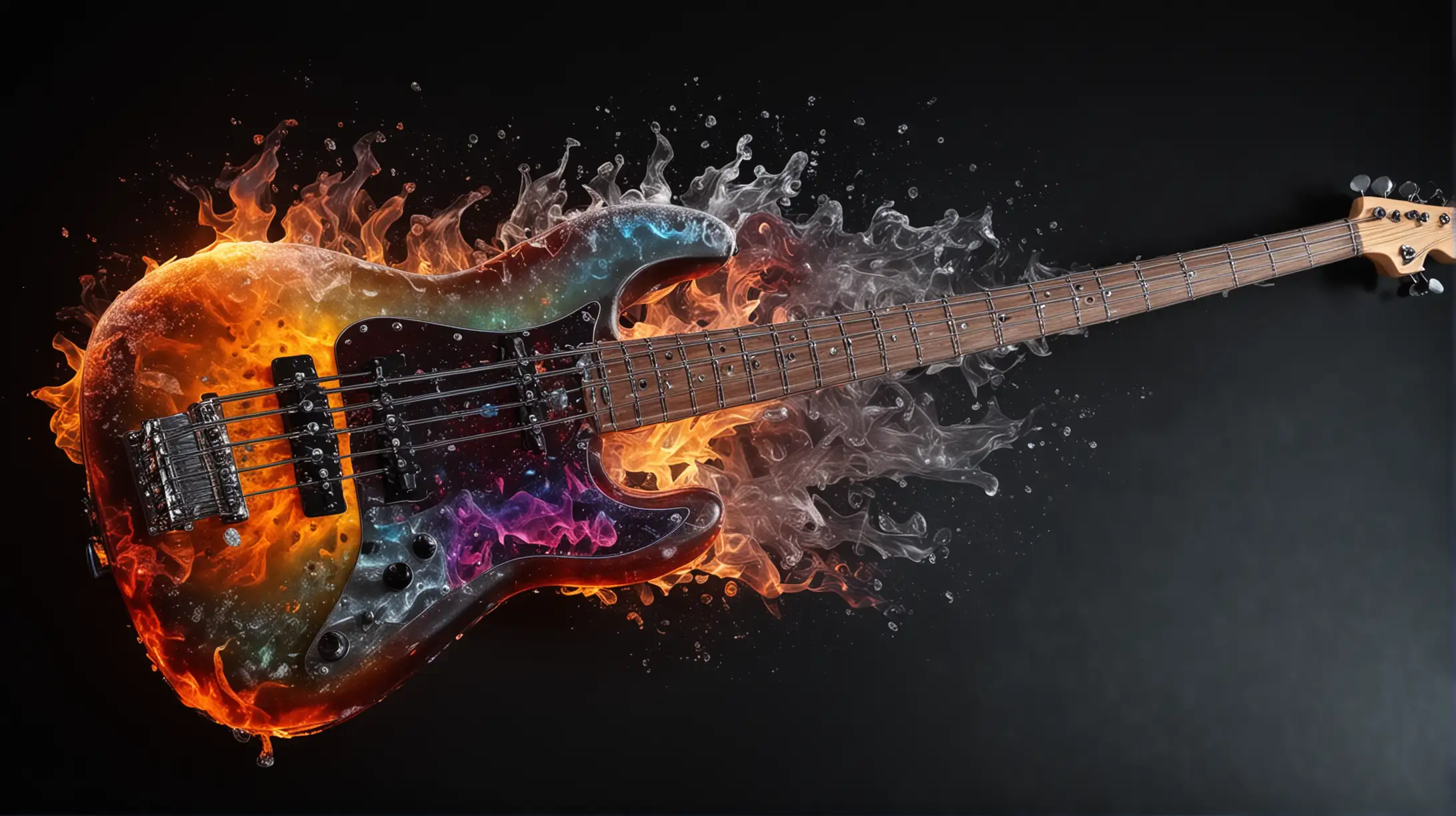 Bass Guitar with ice fire and multi colors and black background