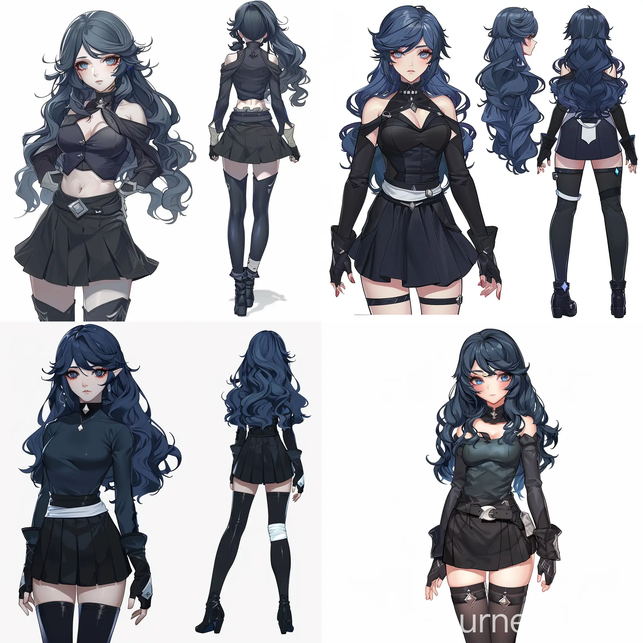 Genshin Impact full woman, woman with dark blue wavy hair down to the elbow. Pale skin and slightly red cheeks, long eyelashes and slightly tired dark blue-gray eyes. He wears a black skirt, black long-sleeved shirt, and black thigh-high boots. On her right hand she will wear a white band around her.