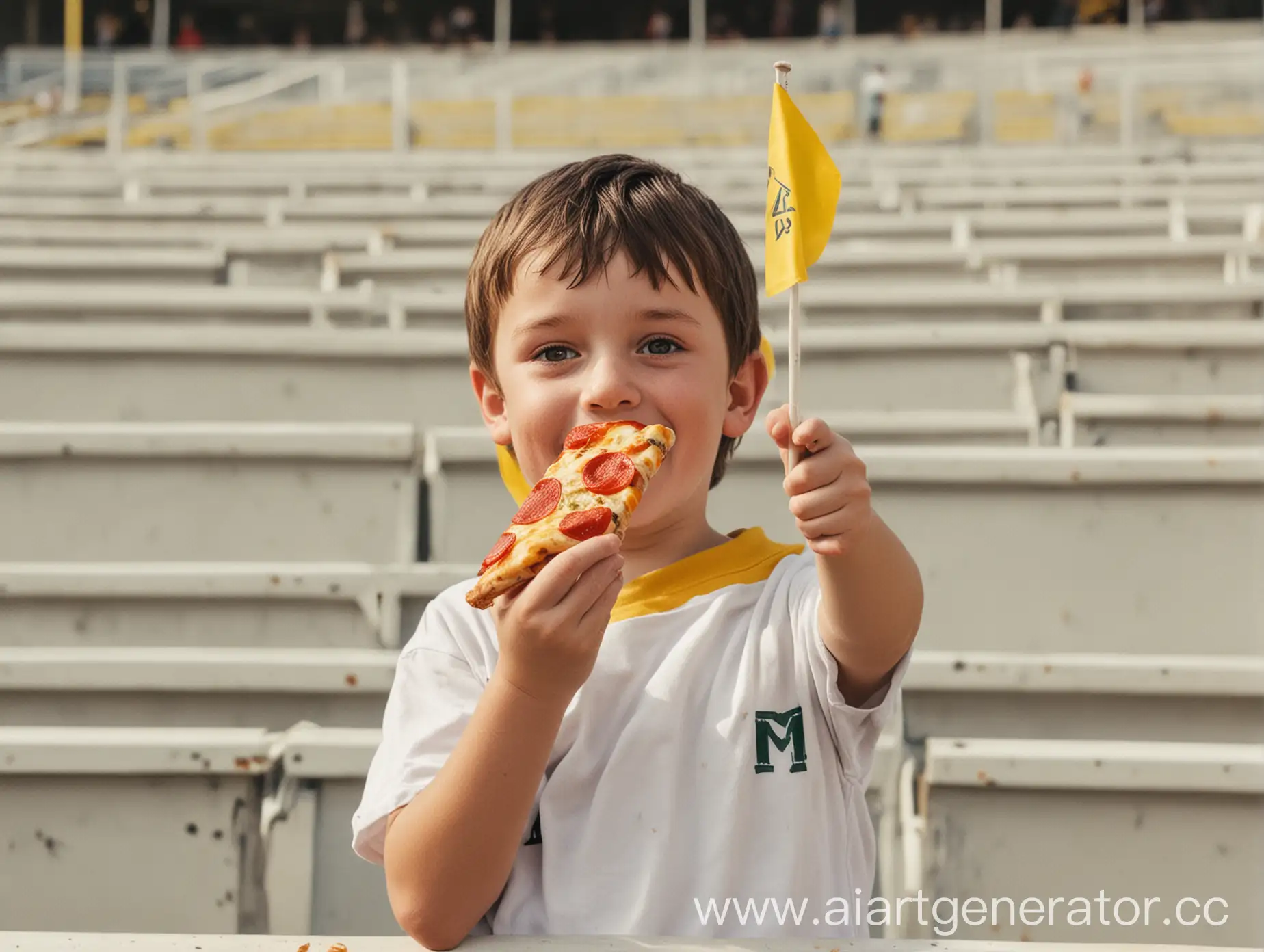 Child-Enjoying-Pizza-at-Sporting-Event-with-Colorful-Flags