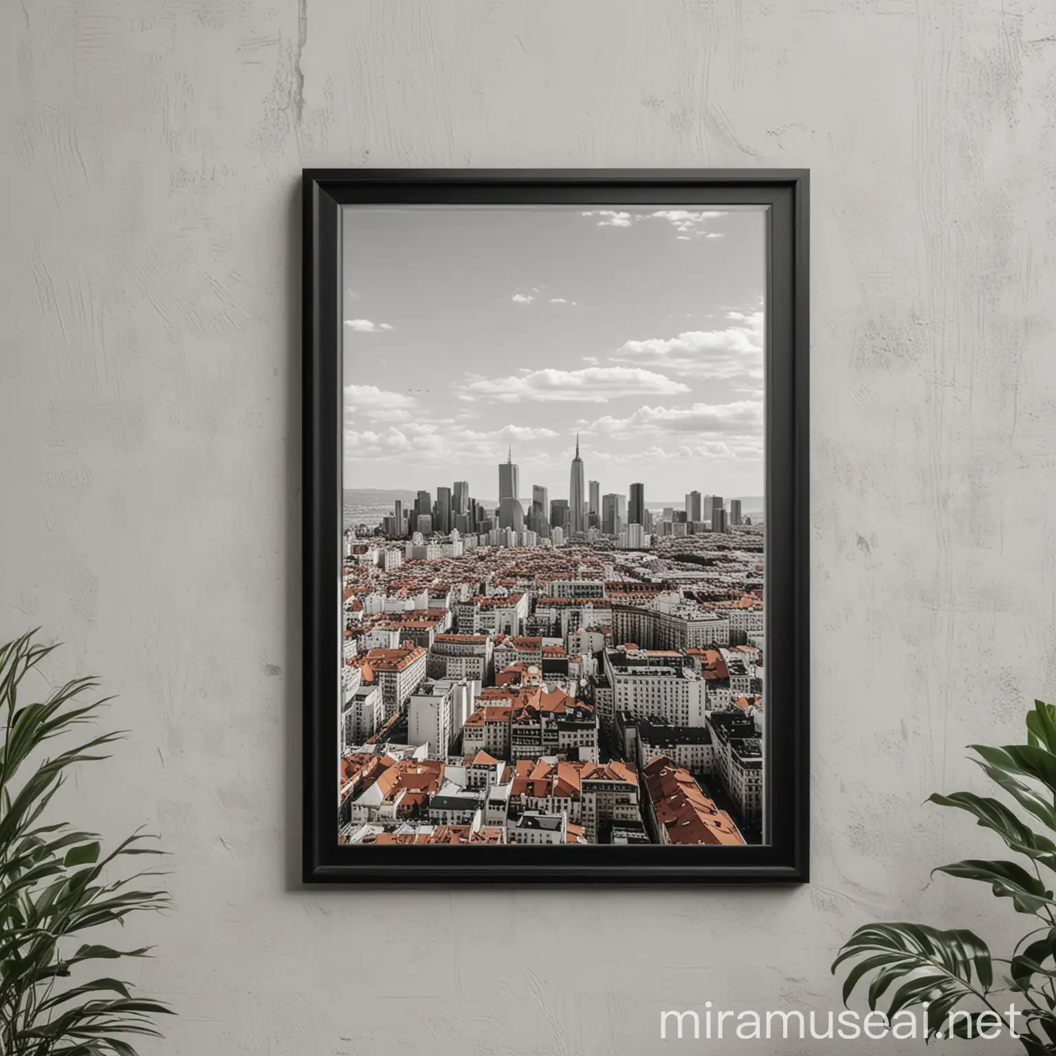 A4 black frame mockup on a wall with a city view from a window