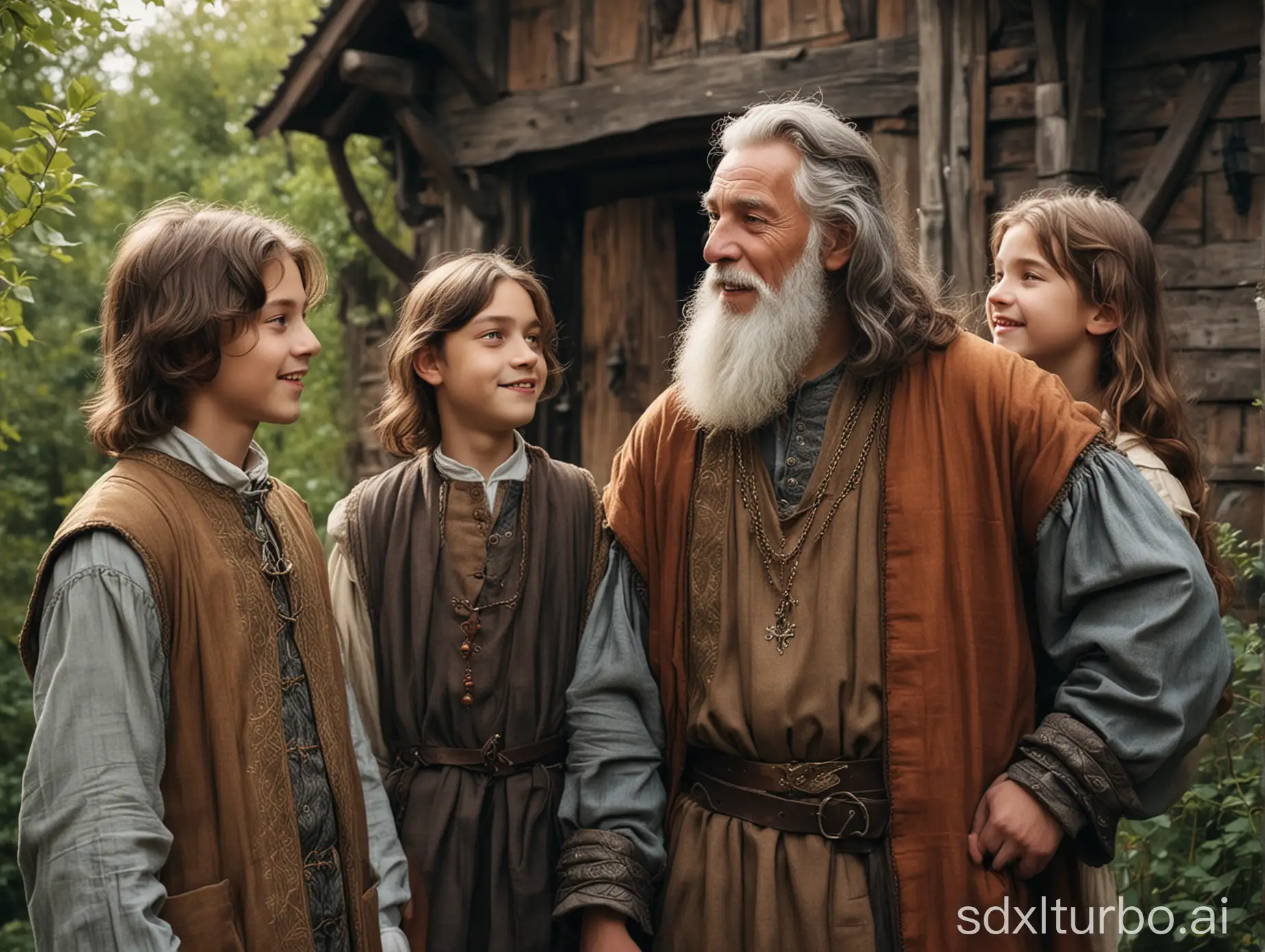 Medieval-Boys-Meeting-Wise-Elder-in-Forest-Thicket