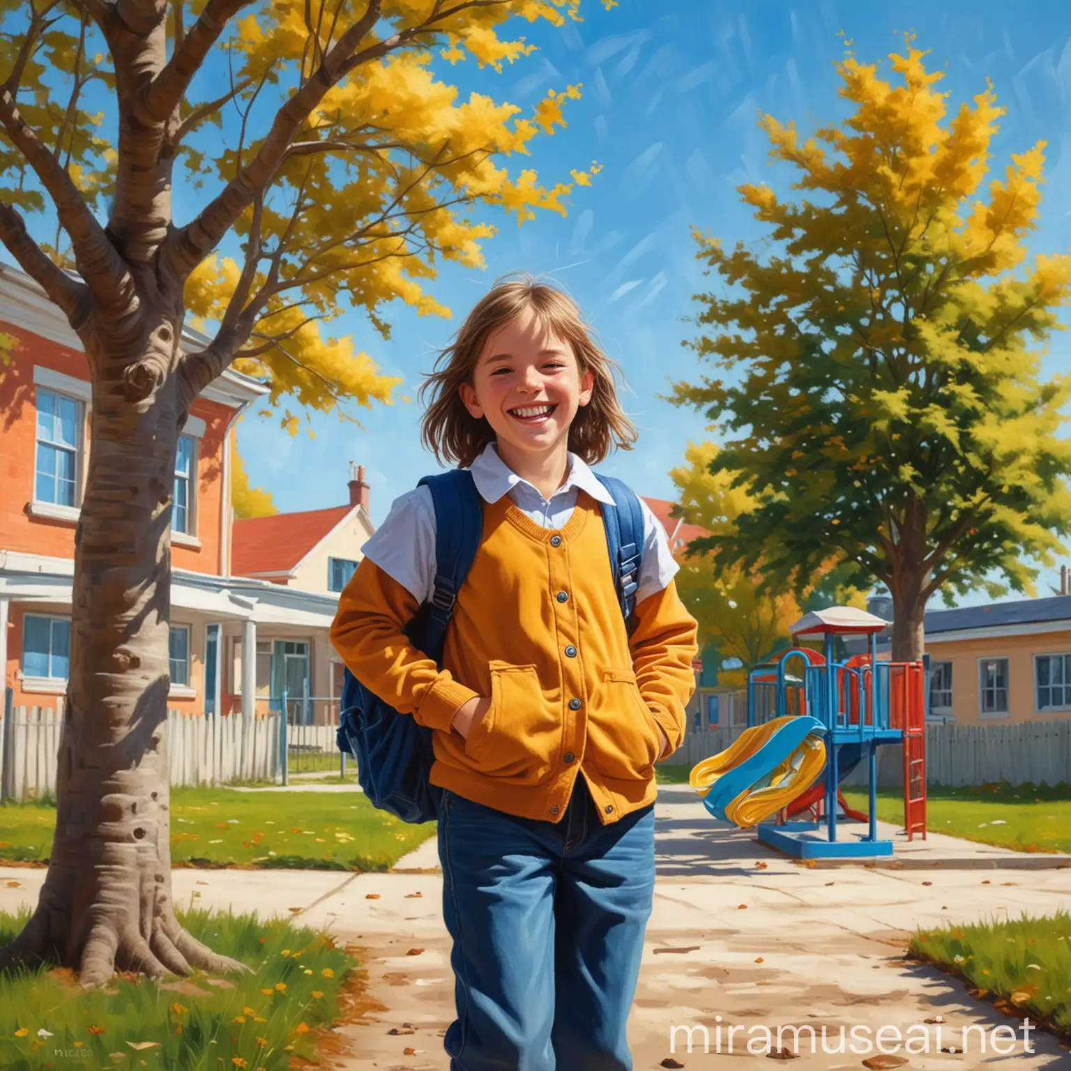 Background: A happy schoolyard with a colorful playground, bright blue sky and some trees in the background.
Child: A child about 10 years old, possibly a girl or a boy, with short or shoulder-length hair that flows slightly in the wind.
Clothing: Wears a colorful school uniform or casual clothing, such as a t-shirt and jeans.
Pose: The child stands happily, perhaps with a backpack on his back and a few school books in his hands.
Facial expression: A broad, happy smile that reflects the joy and carefree nature of everyday school life.
Style: The whole is in the style of an oil painting, with soft brush strokes and rich colors that emphasize the cheerful and lively atmosphere.