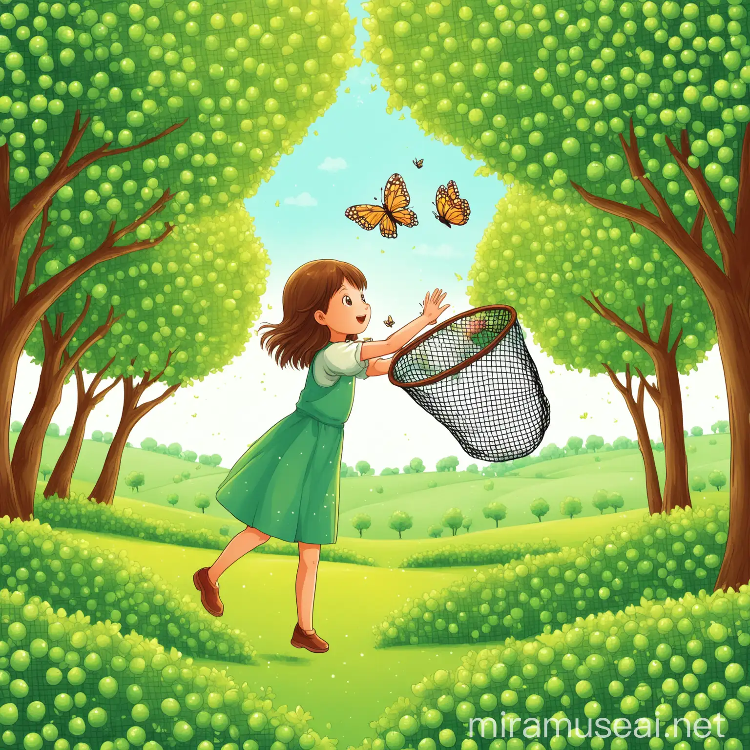 Girl Catching Butterfly in Lush Orchard Children Book Style Illustration