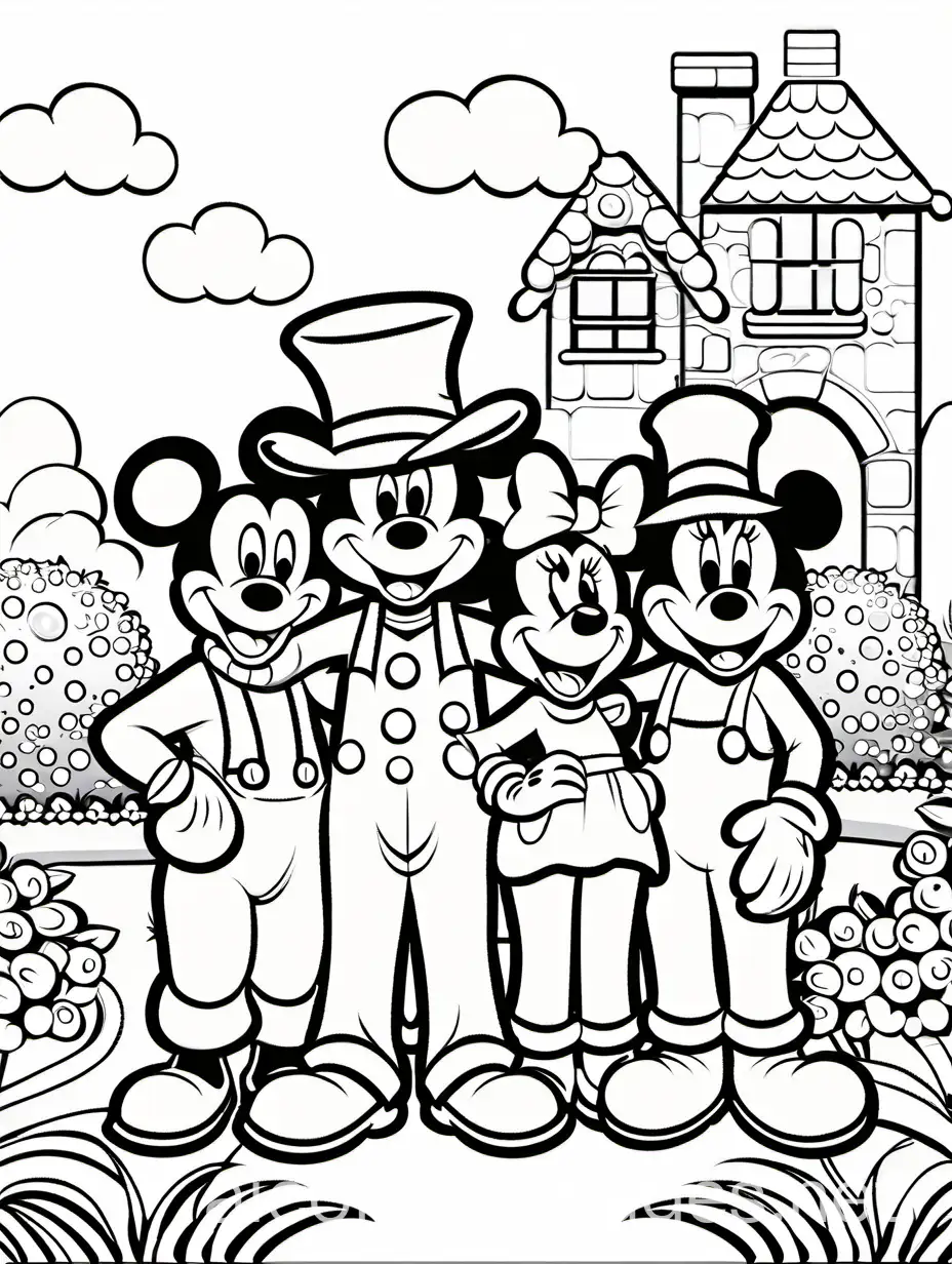 Mikey mouse and his family happy, in a garden coloring page, no colors., Coloring Page, black and white, line art, white background, Simplicity, Ample White Space. The background of the coloring page is plain white to make it easy for young children to color within the lines. The outlines of all the subjects are easy to distinguish, making it simple for kids to color without too much difficulty