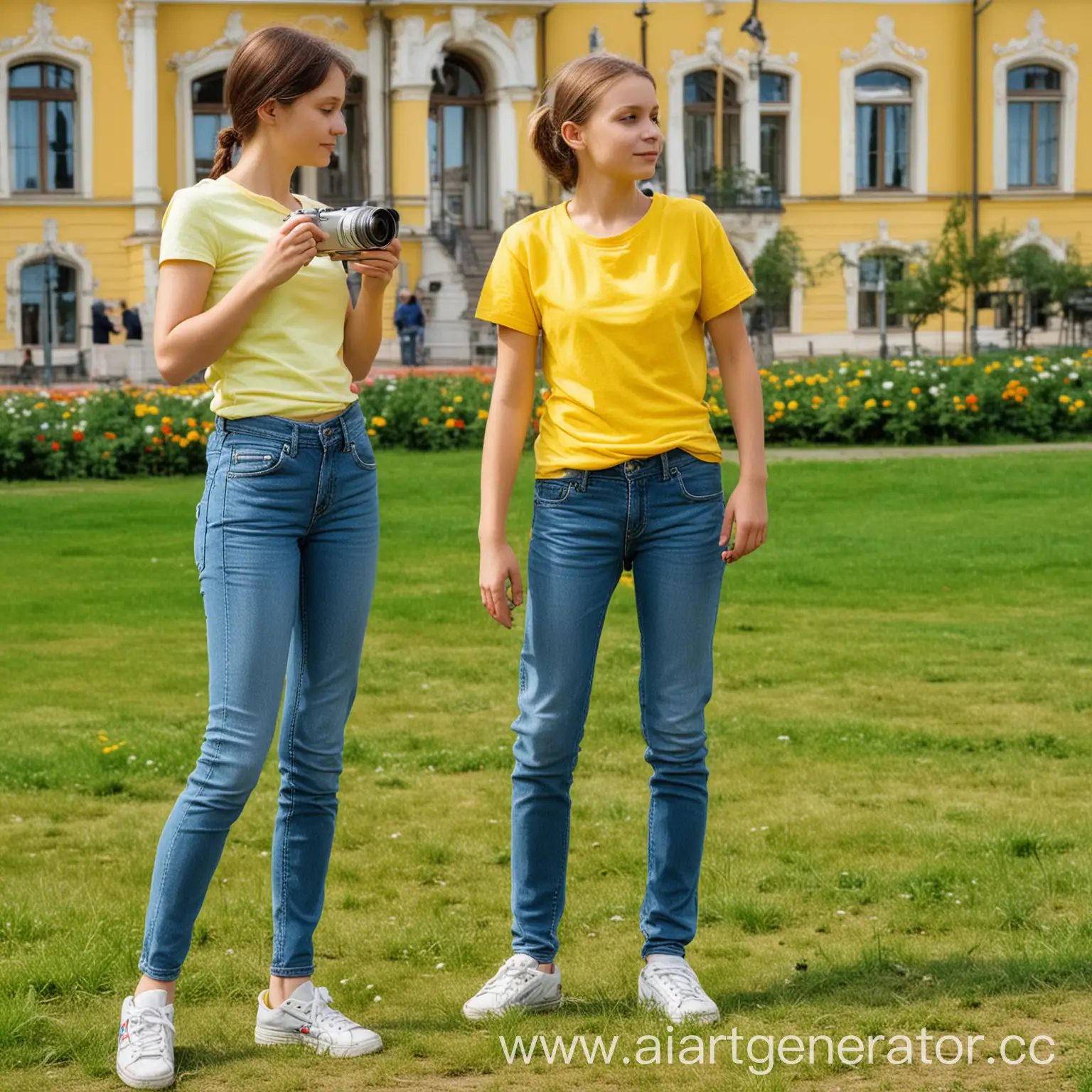 Summer-Photoshoot-Woman-in-Yellow-TShirt-Capturing-Memories-with-10YearOld-Boy-in-Peterhof