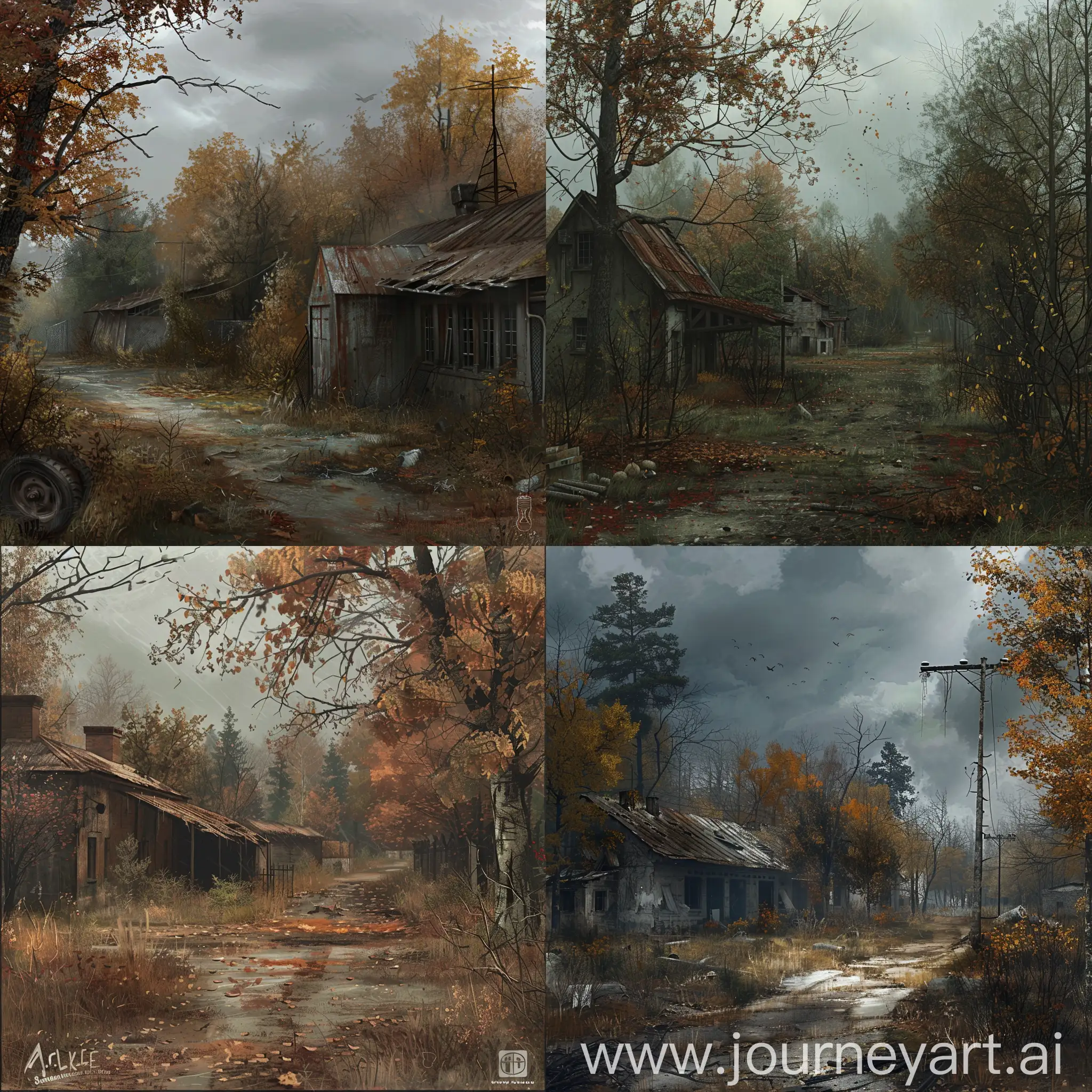 Concept art randoms locations (bilding or forest or some bunker, farm) for RPG game basic on the universe S.T.A.L.K.E.R. Shadow of Chernobyl, gloomy autumn