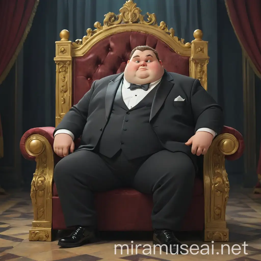 The fat man in a tuxedo sits on the throne on the throne