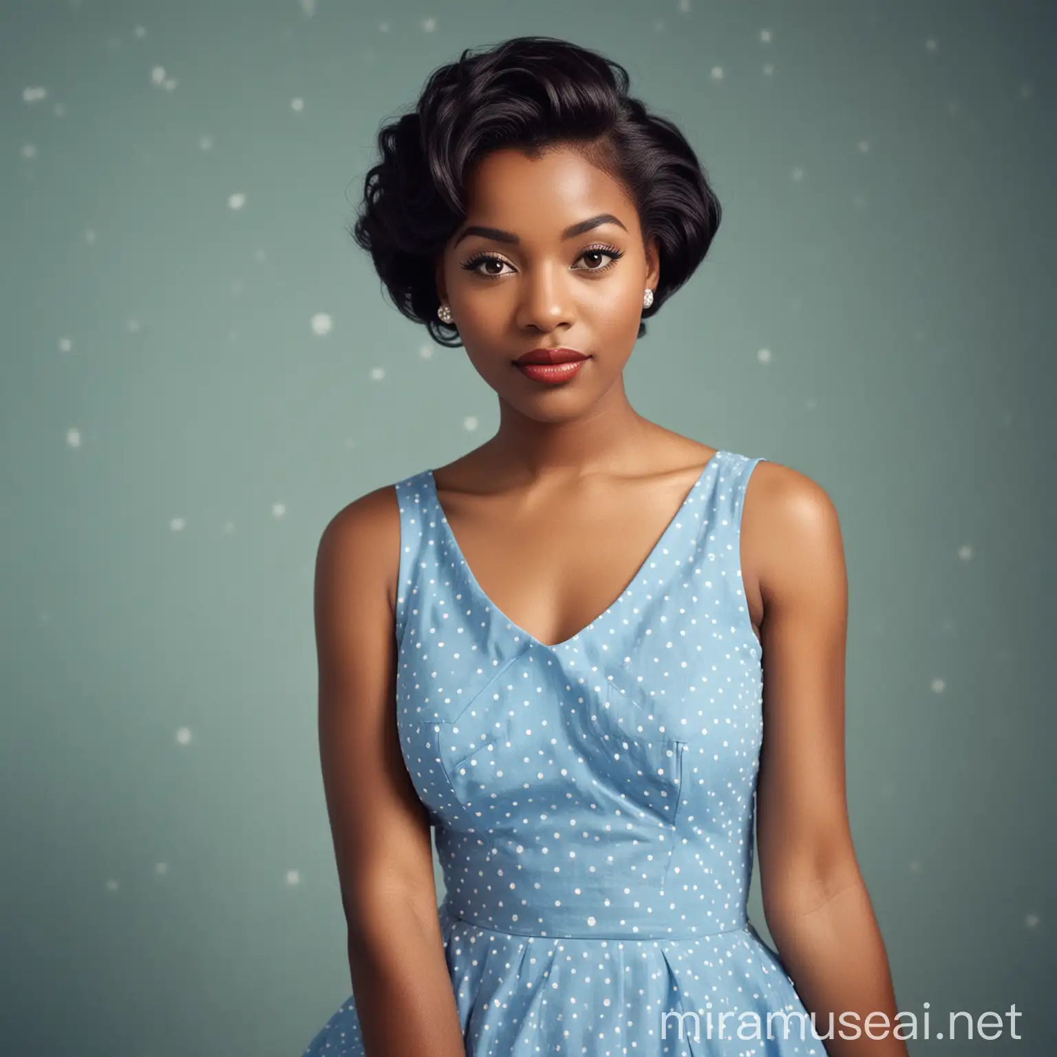 black woman, pretty girl, short hair, blue dress, white dotted dress, 1950s aesthetic