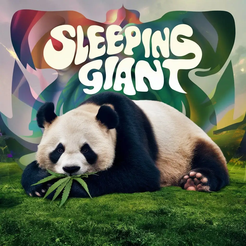 create a cover art for a music album title sleeping giant using a panda with weed leaf in its mouth to illustrate the title