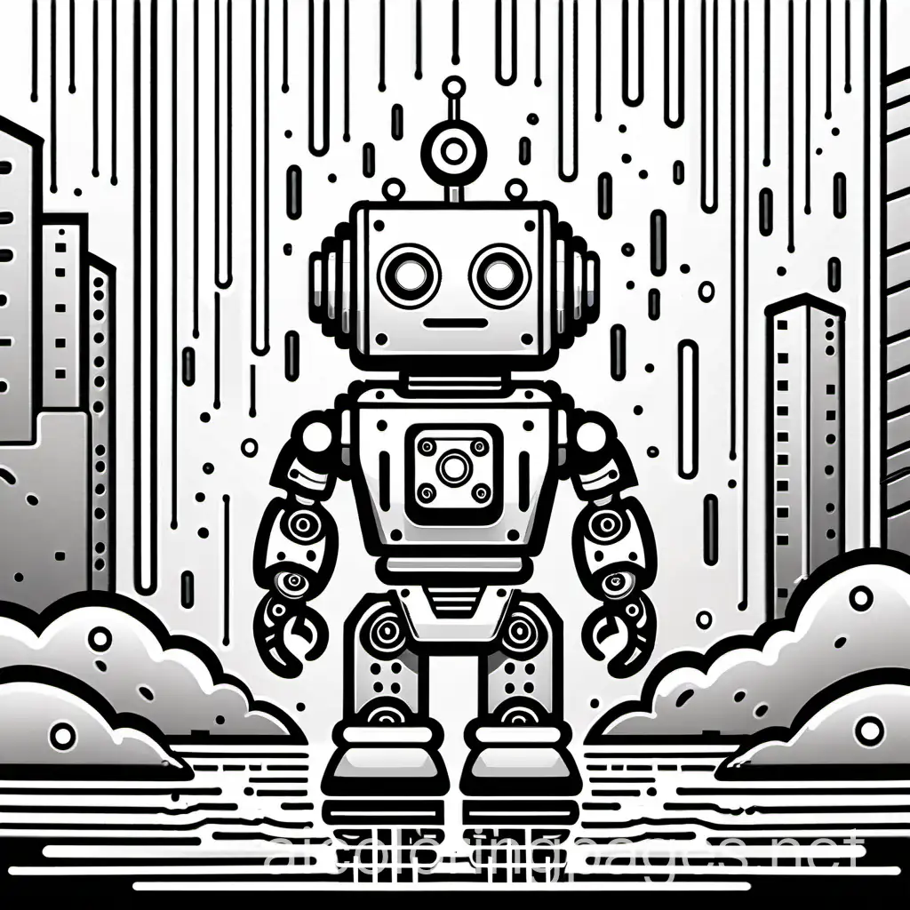 coloring page of robot  in rain short circuiting, Coloring Page, black and white, line art, white background, Simplicity, Ample White Space. The background of the coloring page is plain white to make it easy for young children to color within the lines. The outlines of all the subjects are easy to distinguish, making it simple for kids to color without too much difficulty