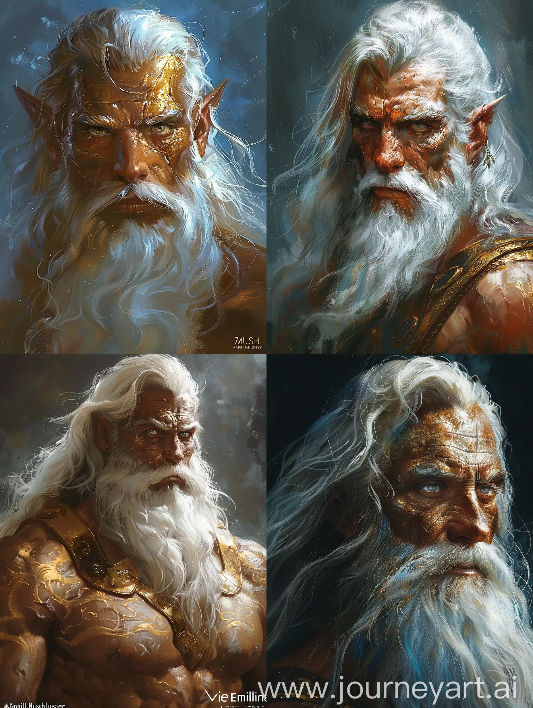 Subject: the god Zeus; weathered bronze skin, pure white eyes, muscular and regal haughty good looks, long white haor, long white beard.  Style/coloring: extremely realistic painted realism, detailed digital painting concept art, detailed paiting by gaston bussiere, craig mullins A mystical, dreamlike portrait in a cinematic style, Ed Emsh, Virgil Finlay, Norman Saunders, Hubert Rogers, Earle Bergey, Kelly Freas --upbeta --s 250