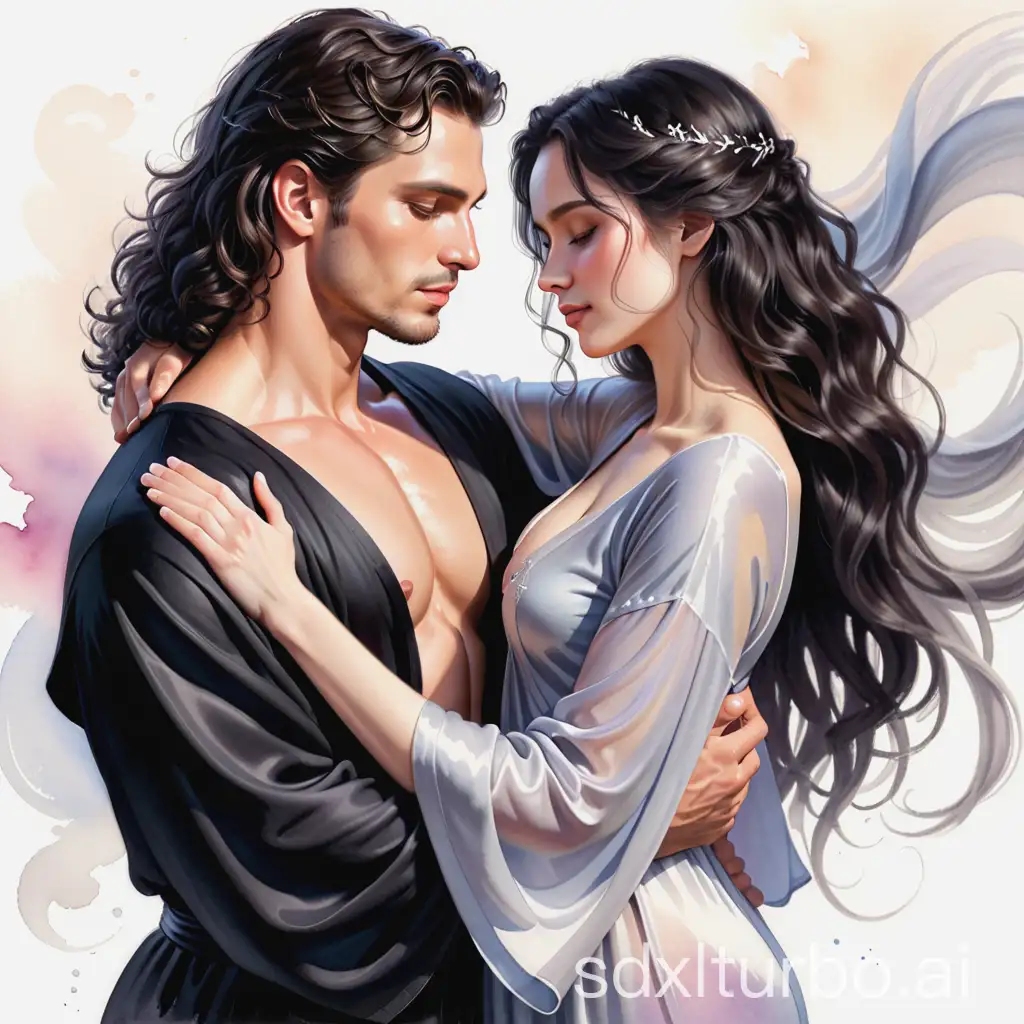 Digital painting depicting a man and woman in a romantic pose, embracing. The man has dark curly hair, strong jaw line and athletic build, wearing a silk black robe. The woman has long, flowing silver hair and delicate facial features, her figure graceful. She is wearing a silver light tunic. They gently pressed against each other on the bed, The atmosphere of love and intimacy conveys the essence of their relationship, watercolor, airbrushing)