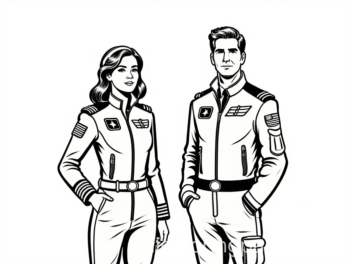 Draw a male and female pilot navigator standing spaced apart, Coloring Page, black and white, line art, white background, Simplicity, Ample White Space.