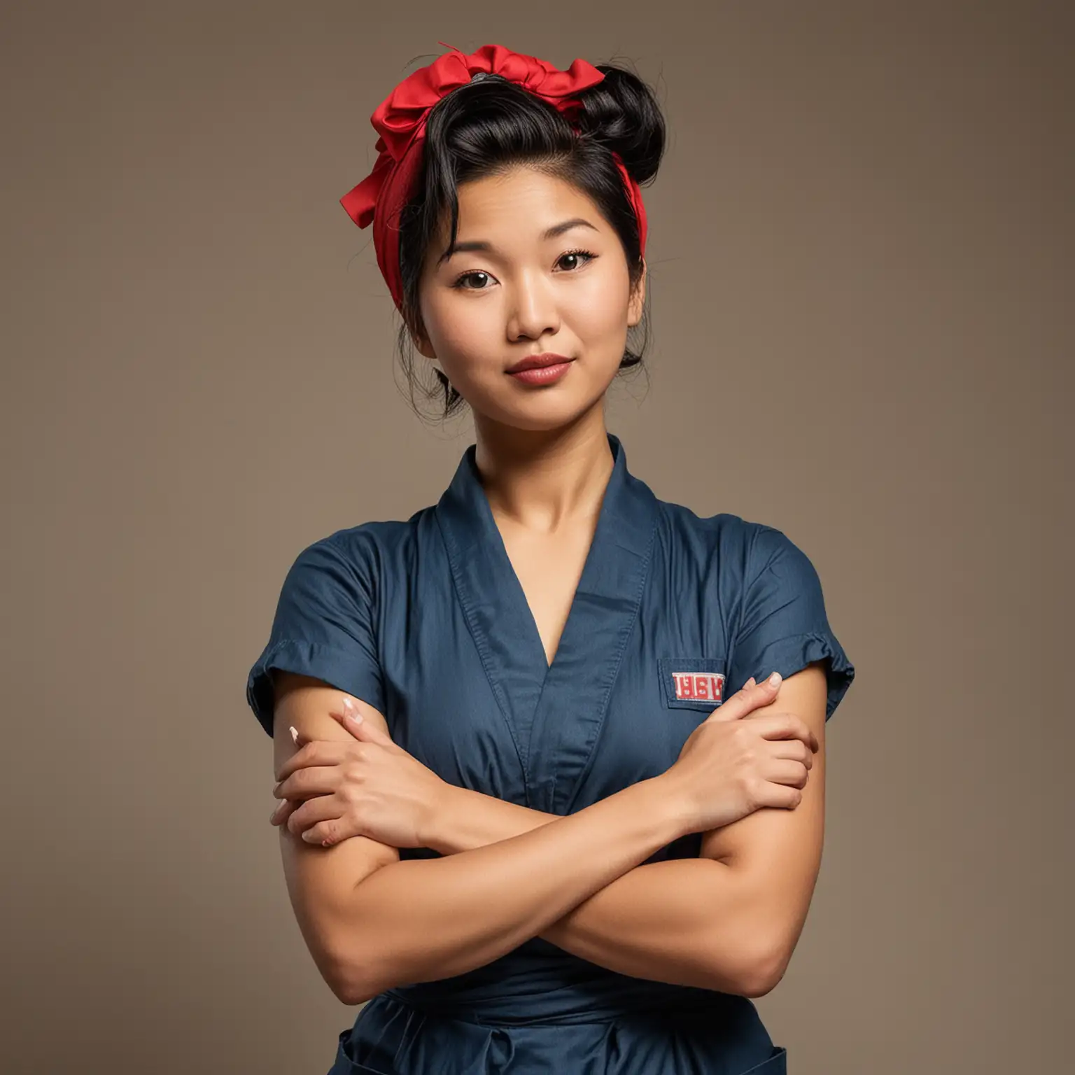a Asian woman, dressed like a modern doula, posing like the Rosie the Riveter poster