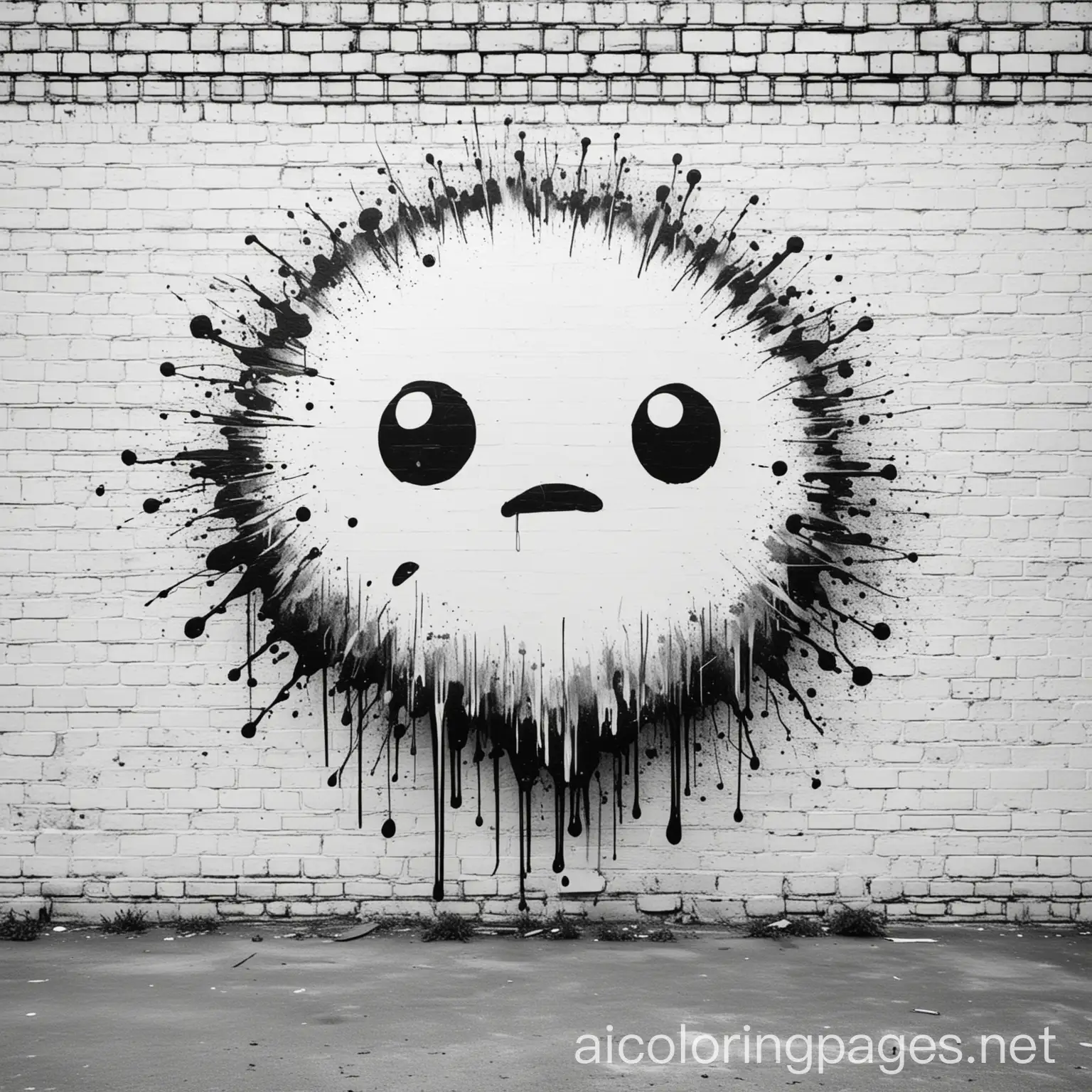 splatter blob graffiti on a brick wall, Coloring Page, black and white, line art, white background, Simplicity, Ample White Space. The background of the coloring page is plain white to make it easy for young children to color within the lines. The outlines of all the subjects are easy to distinguish, making it simple for kids to color without too much difficulty