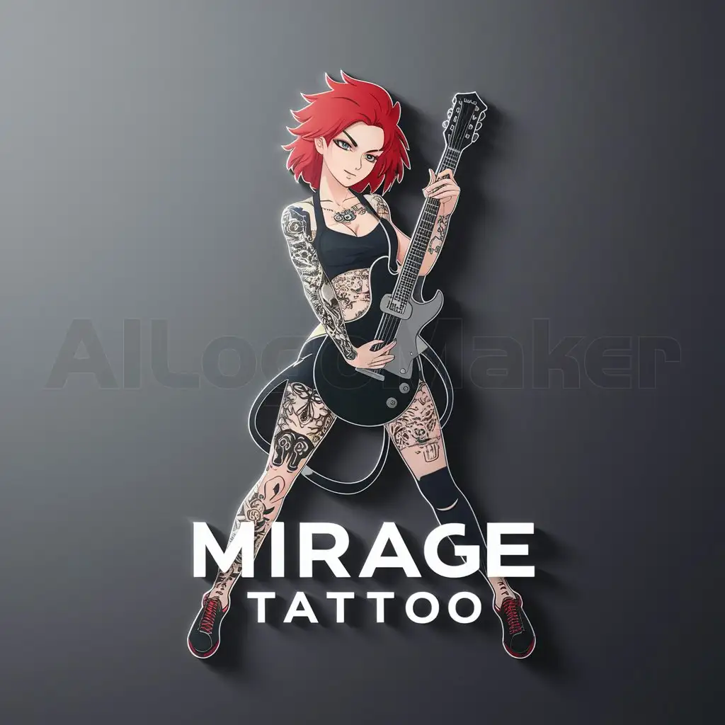 a logo design,with the text "Mirage tattoo", main symbol:female anime character with a guitar and tattoos,complex,be used in tattoo industry,clear background