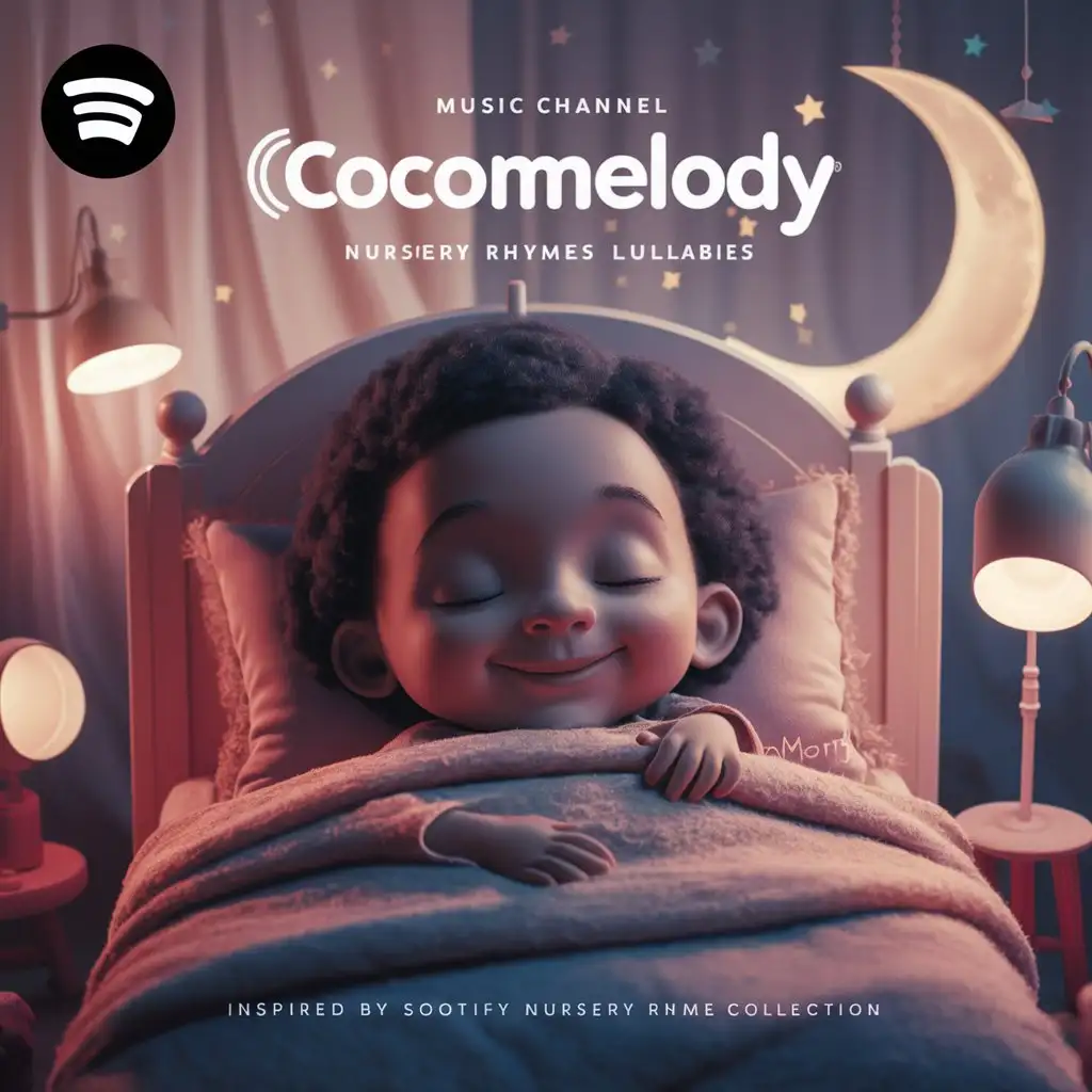 a profile picture for a 3d cartoon baby sleeping music spotify channel inspired by cocomelody nursery rhymes and lullabies, where a kid is sleeping peacefully and smiling in ambient lighting
