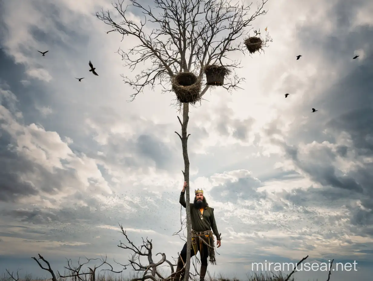 человек-дерево стоит на ветру, в его кроне птичьи гнёзда