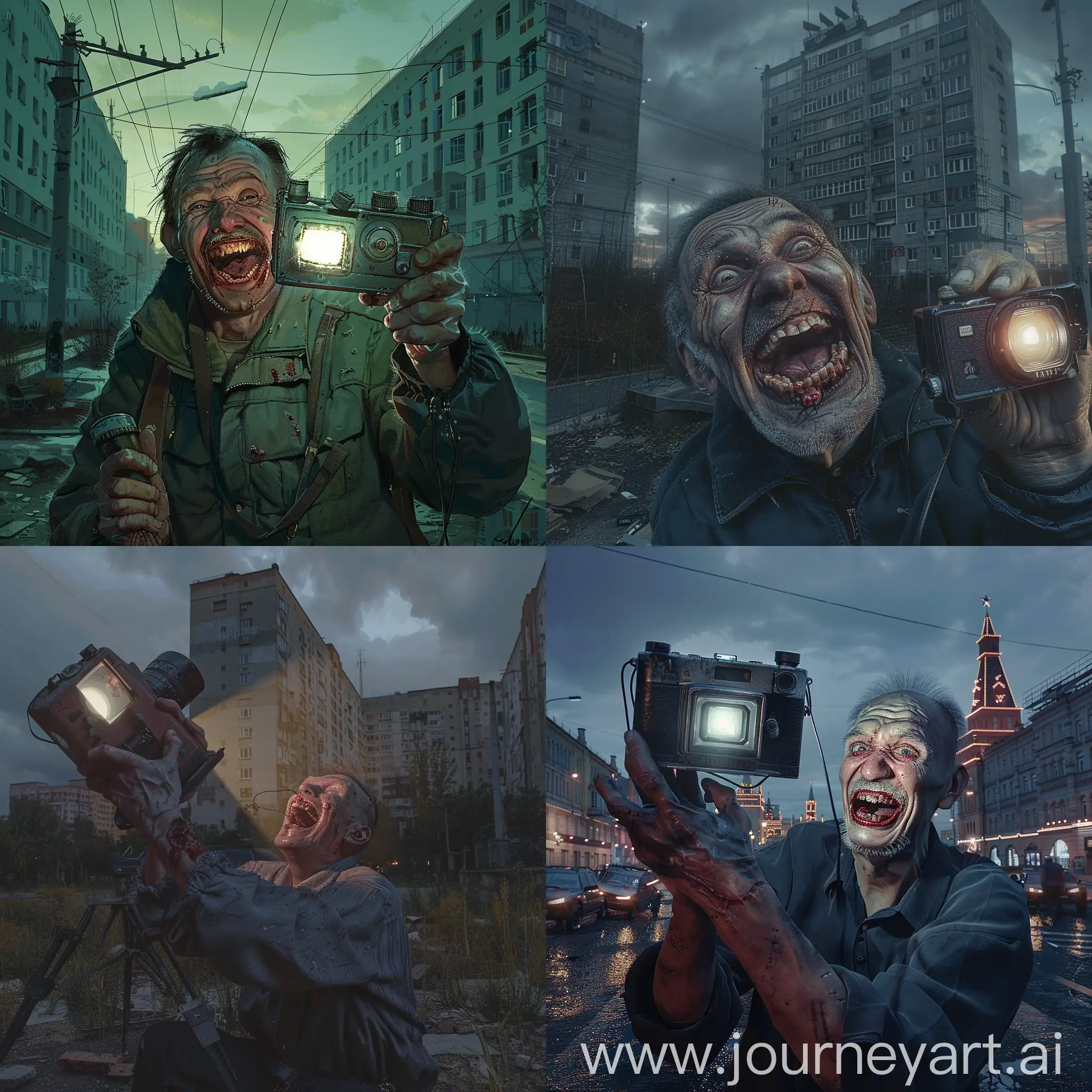 Laughing-Drunk-Russian-Man-Taking-Selfie-with-Rotten-Teeth-in-PostSoviet-Urban-Landscape-at-Dusk